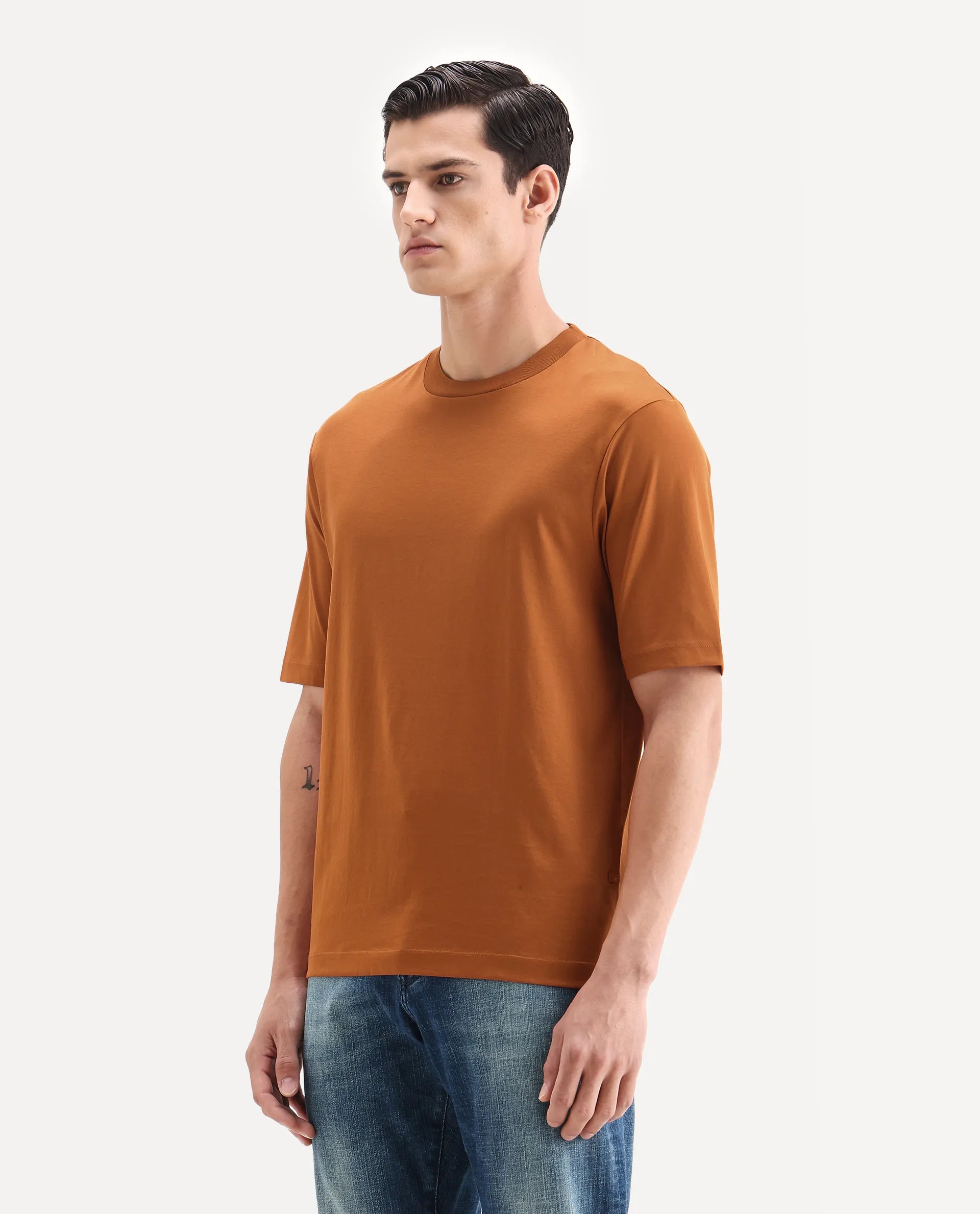 Rare Rabbit Men's Barcelon Rust Cotton Plain Oversized Fit Half Sleeve Crew Neck T-Shirt