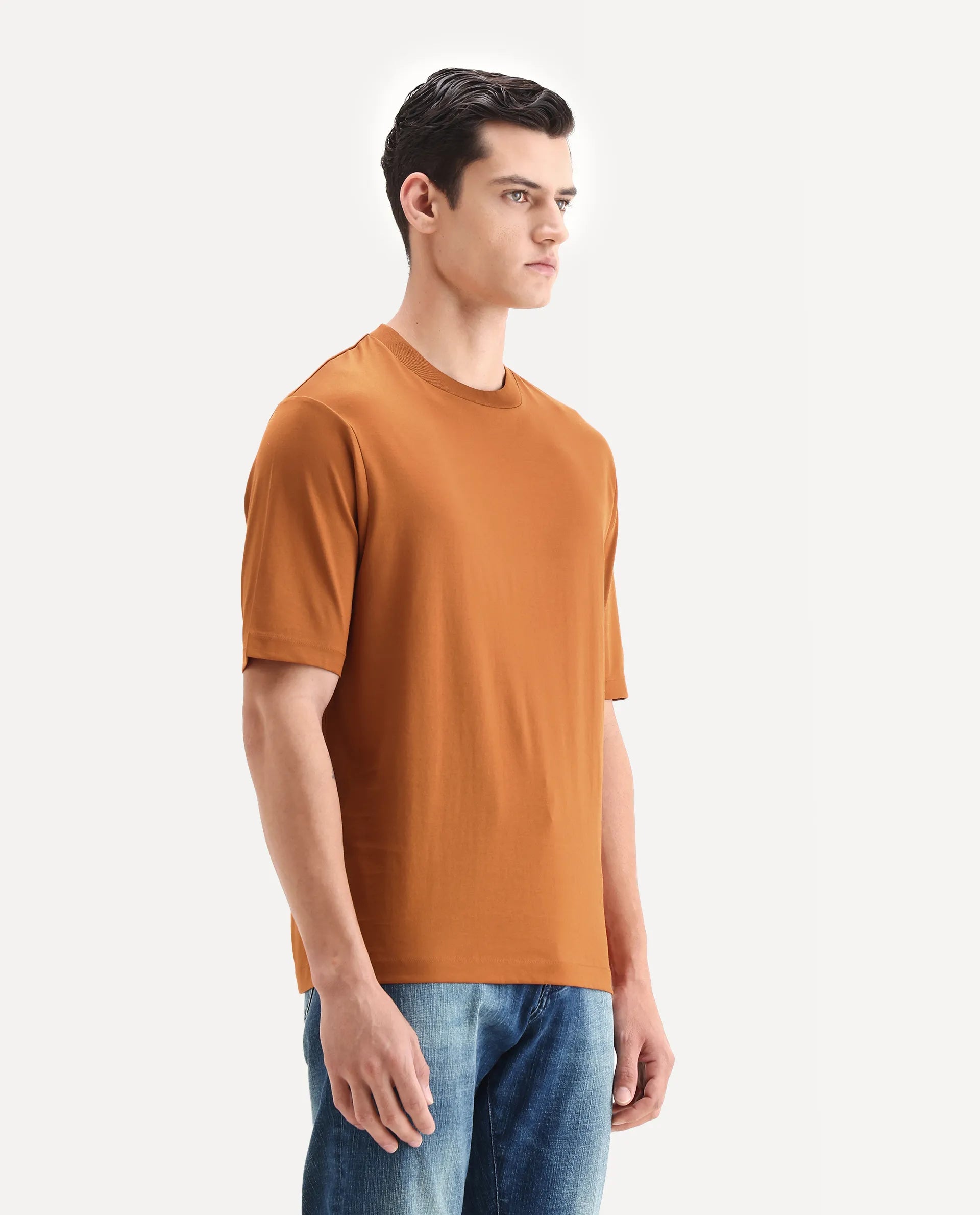 Rare Rabbit Men's Barcelon Rust Cotton Plain Oversized Fit Half Sleeve Crew Neck T-Shirt