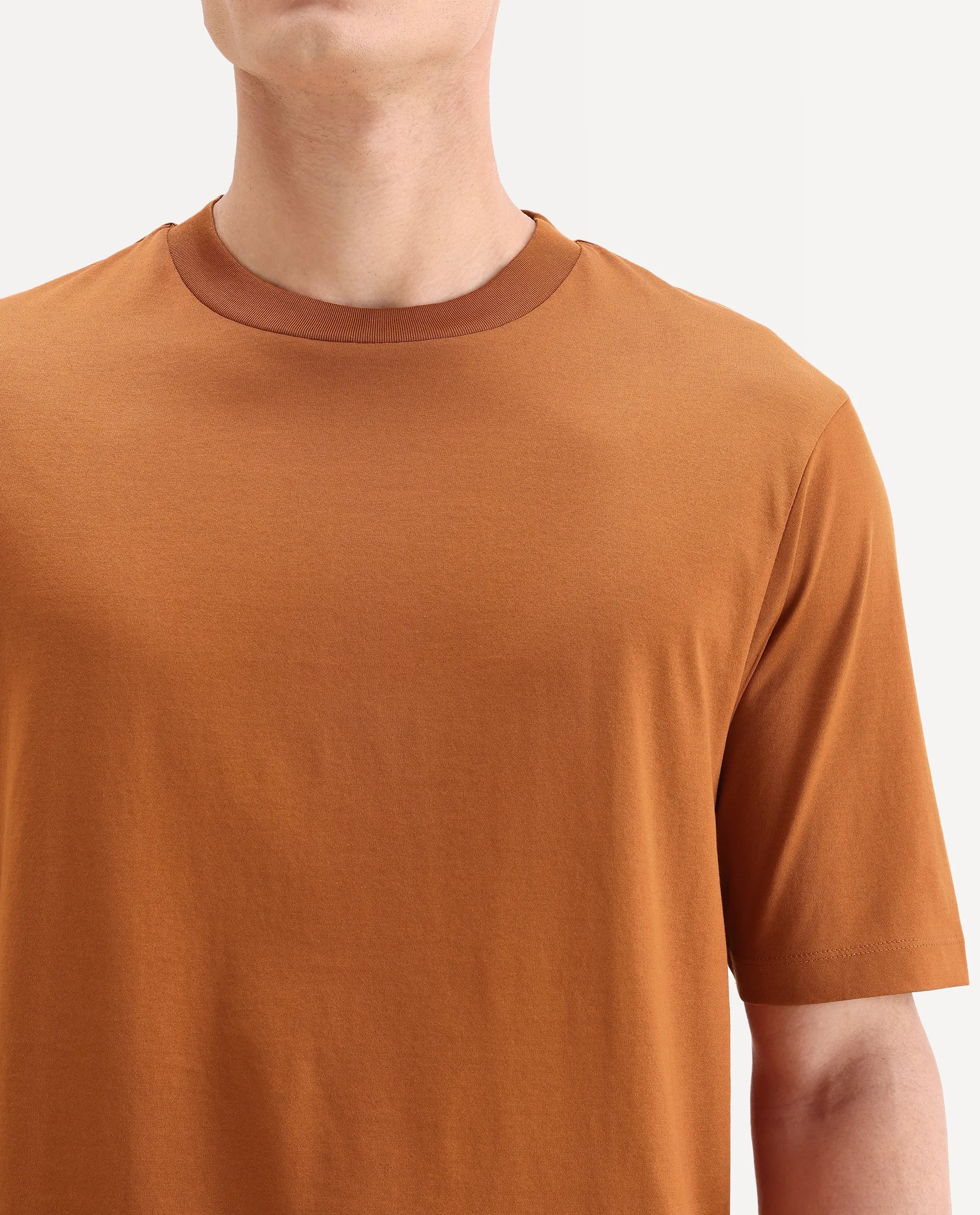 Rare Rabbit Men's Barcelon Rust Cotton Plain Oversized Fit Half Sleeve Crew Neck T-Shirt