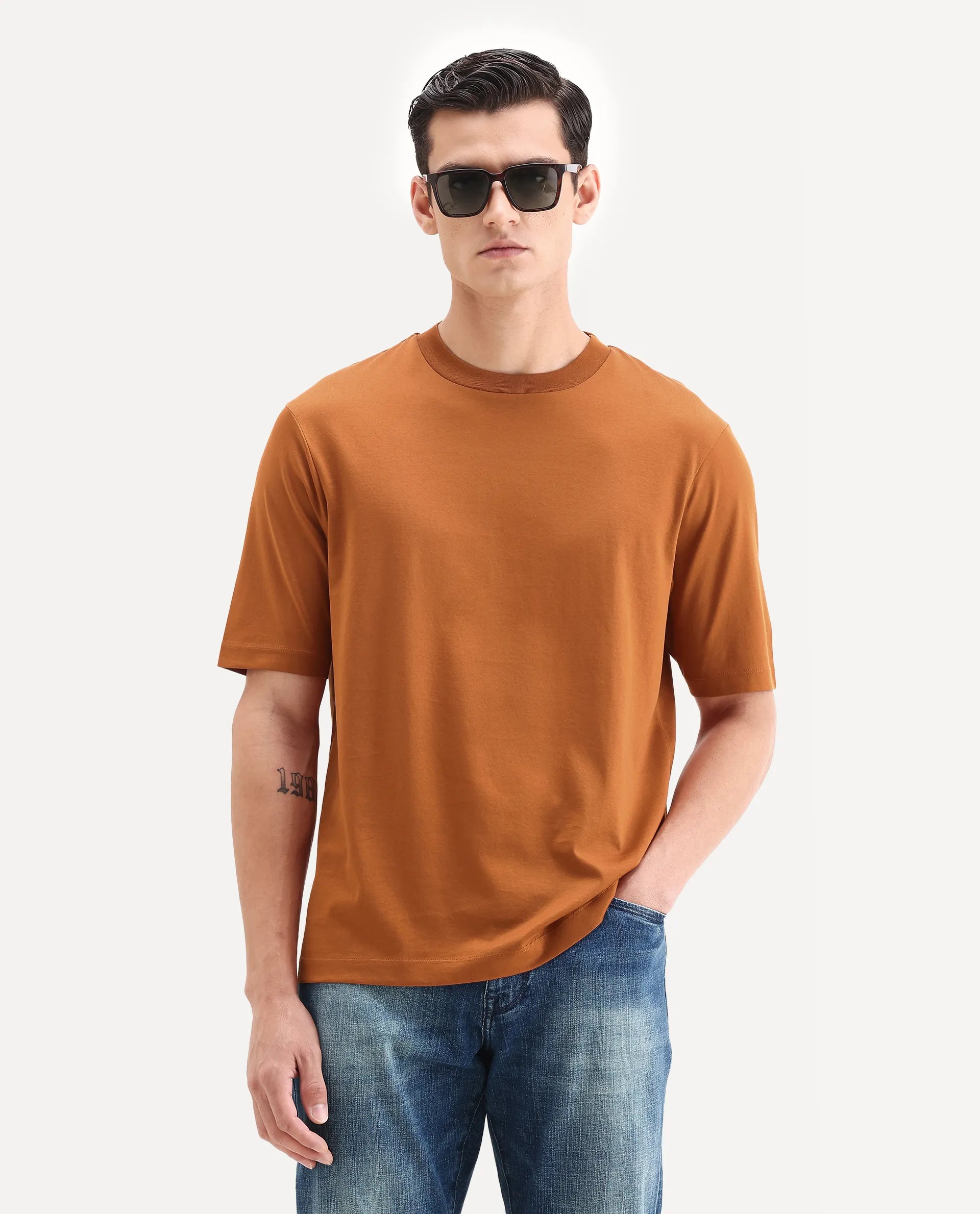 Rare Rabbit Men's Barcelon Rust Cotton Plain Oversized Fit Half Sleeve Crew Neck T-Shirt