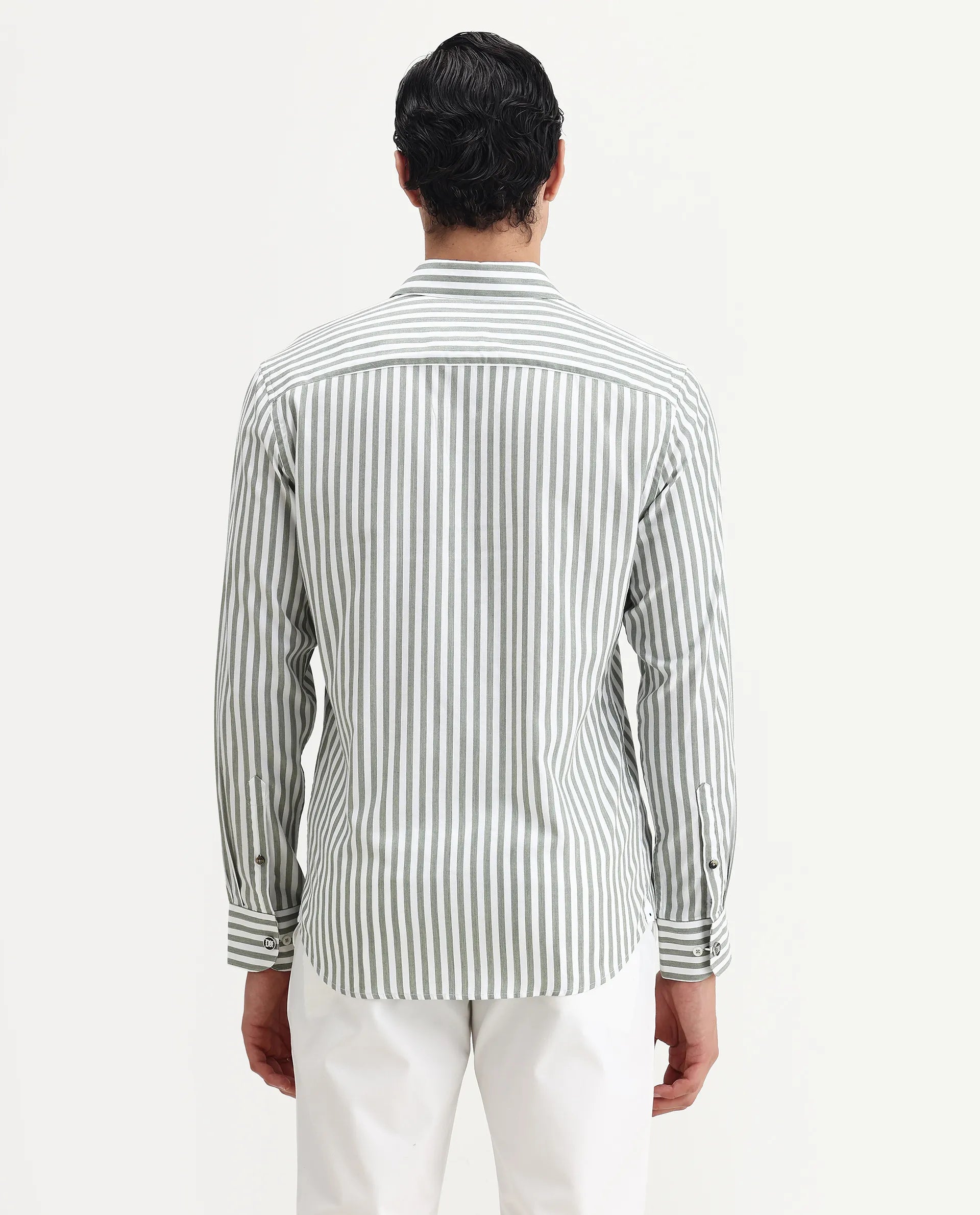 Rare Rabbit Men's Bari Dusky Green Cotton Blend Striped Print Regular Fit Full Sleeve Collared Shirt