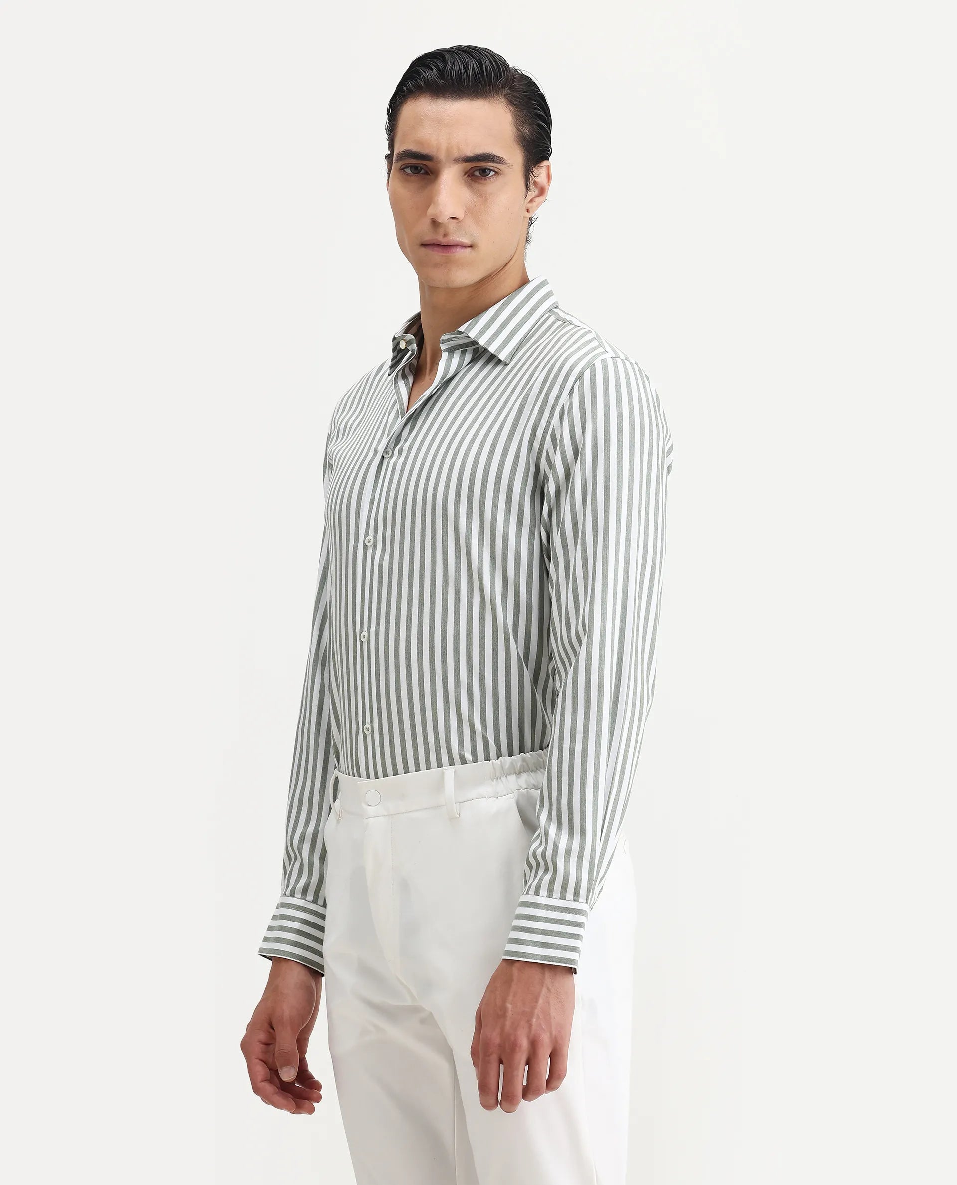 Rare Rabbit Men's Bari Dusky Green Cotton Blend Striped Print Regular Fit Full Sleeve Collared Shirt