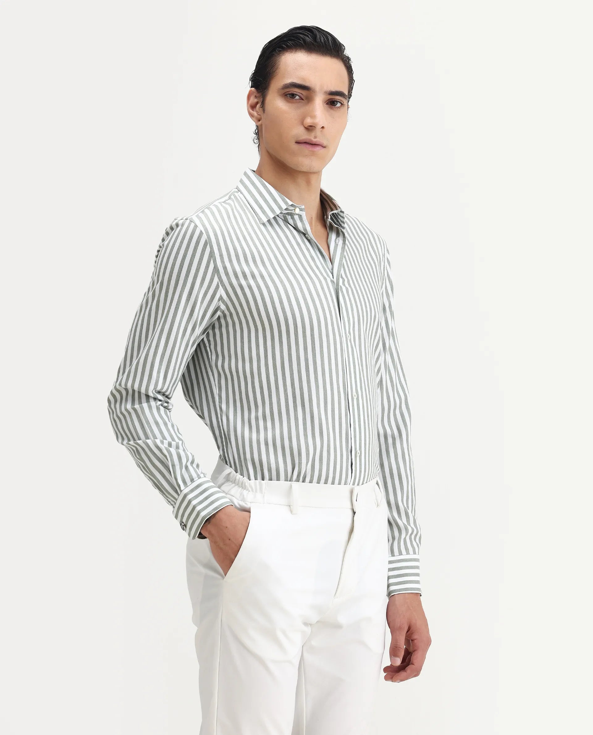 Rare Rabbit Men's Bari Dusky Green Cotton Blend Striped Print Regular Fit Full Sleeve Collared Shirt