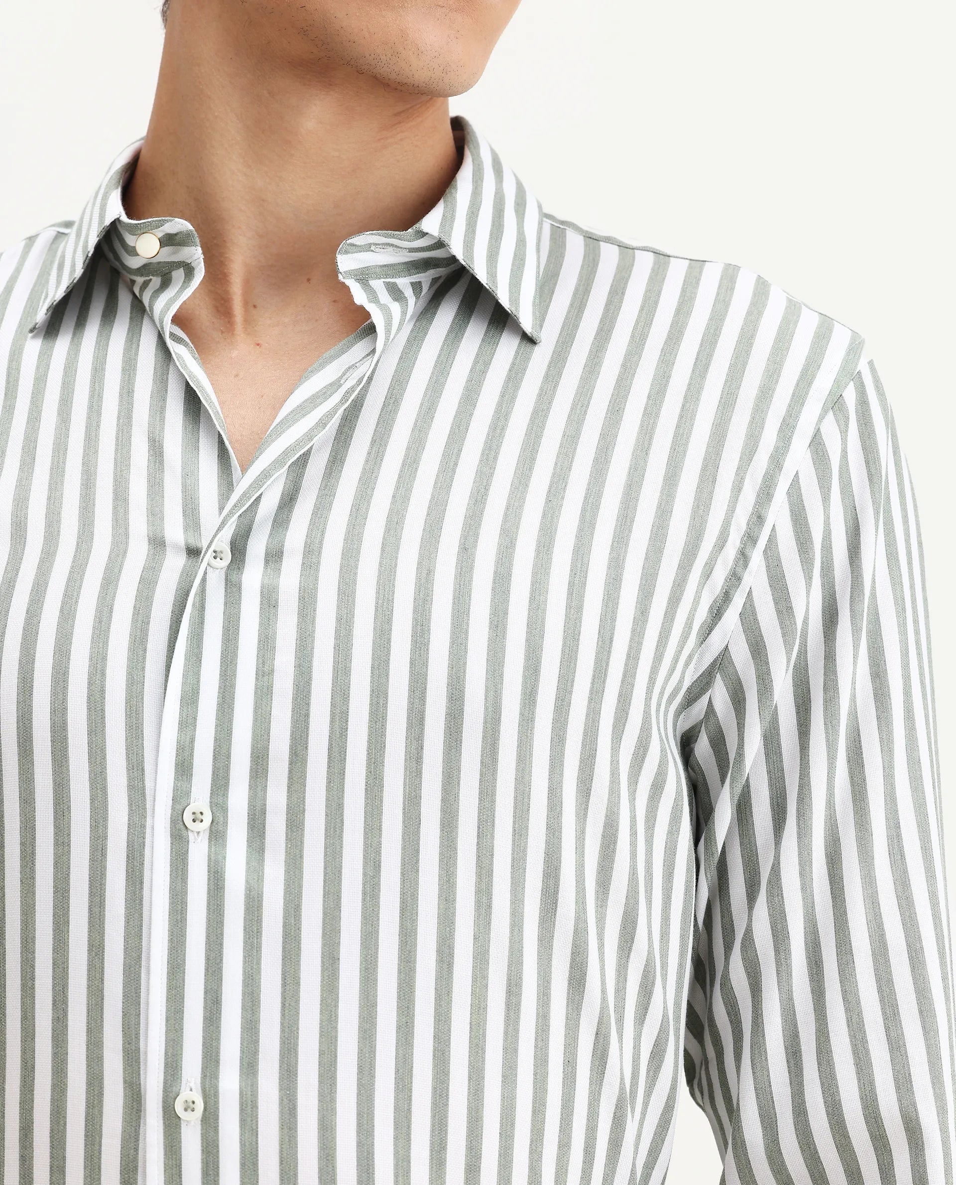 Rare Rabbit Men's Bari Dusky Green Cotton Blend Striped Print Regular Fit Full Sleeve Collared Shirt