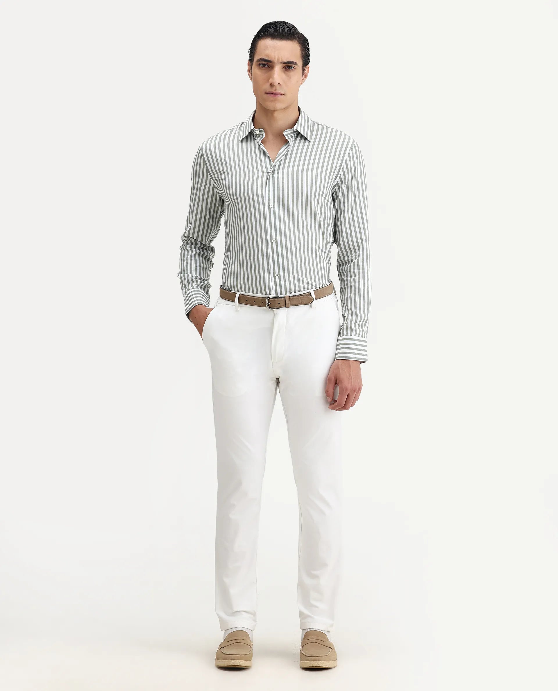 Rare Rabbit Men's Bari Dusky Green Cotton Blend Striped Print Regular Fit Full Sleeve Collared Shirt