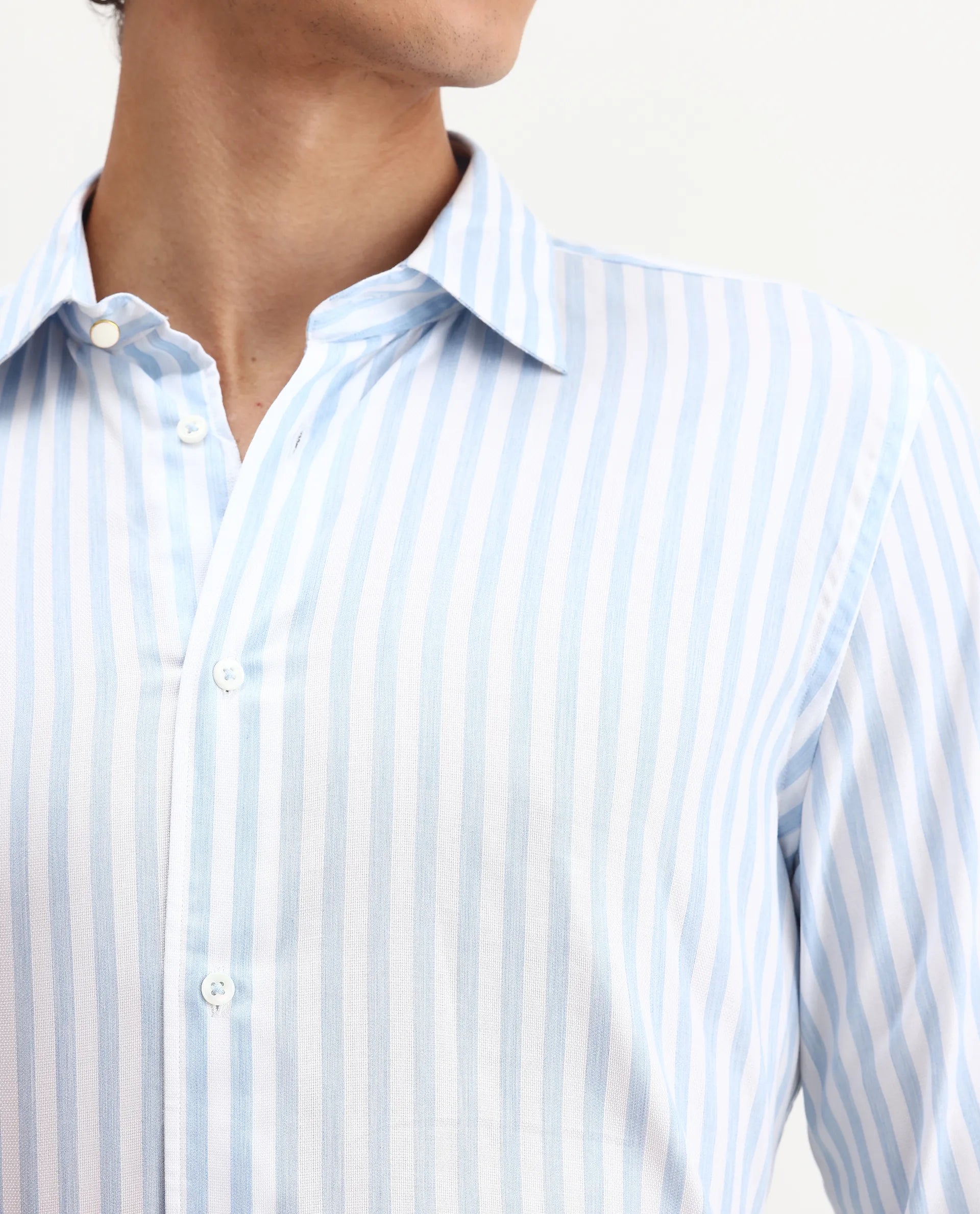 Rare Rabbit Men's Bari Light Blue Cotton Blend Striped Print Regular Fit Full Sleeve Collared Shirt