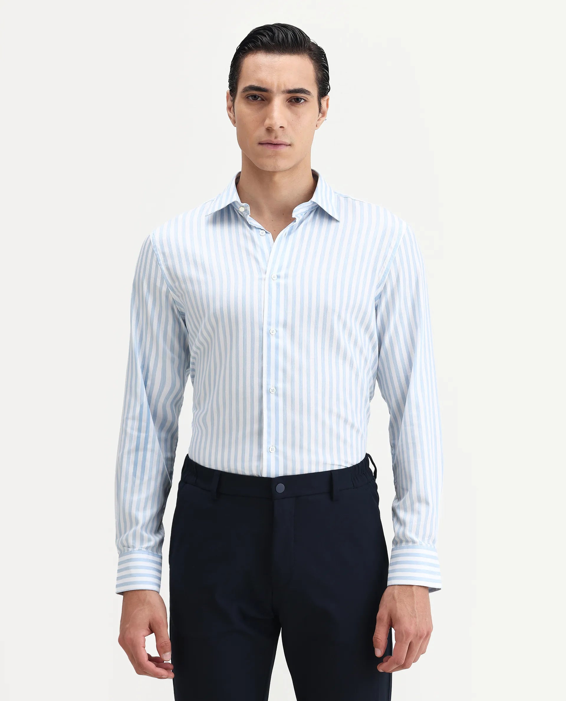 Rare Rabbit Men's Bari Light Blue Cotton Blend Striped Print Regular Fit Full Sleeve Collared Shirt