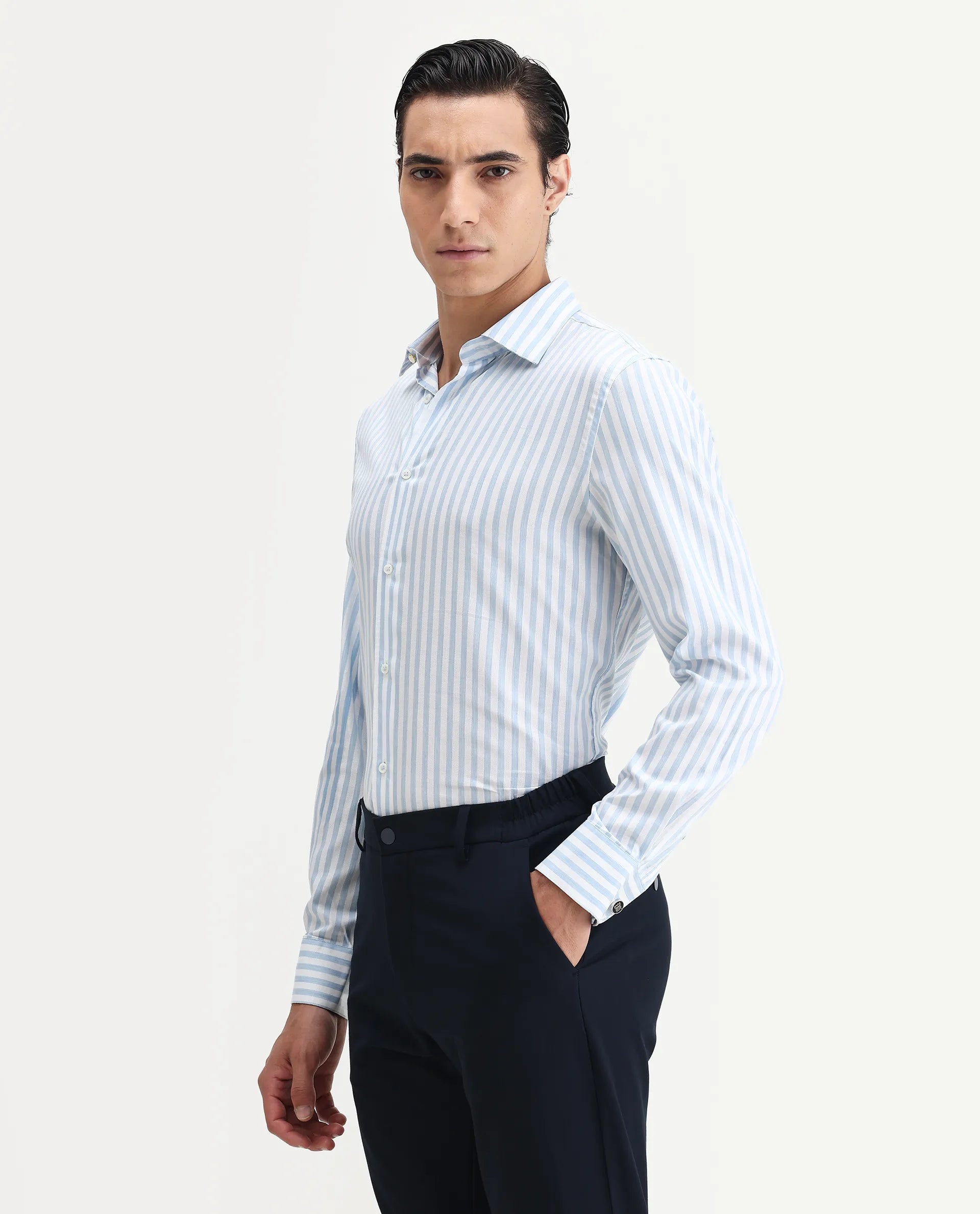 Rare Rabbit Men's Bari Light Blue Cotton Blend Striped Print Regular Fit Full Sleeve Collared Shirt