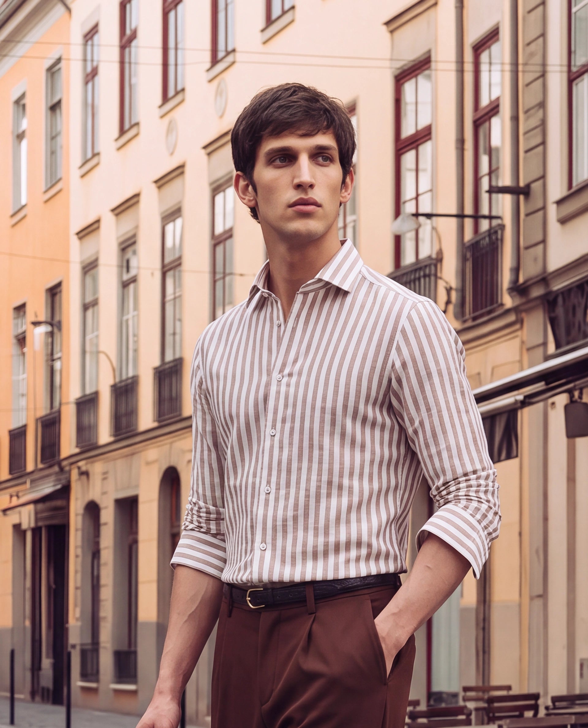 Rare Rabbit Men's Bario Brown Linen Blend Fabric Full Sleeve Spread Collar Regular Striped Shirt