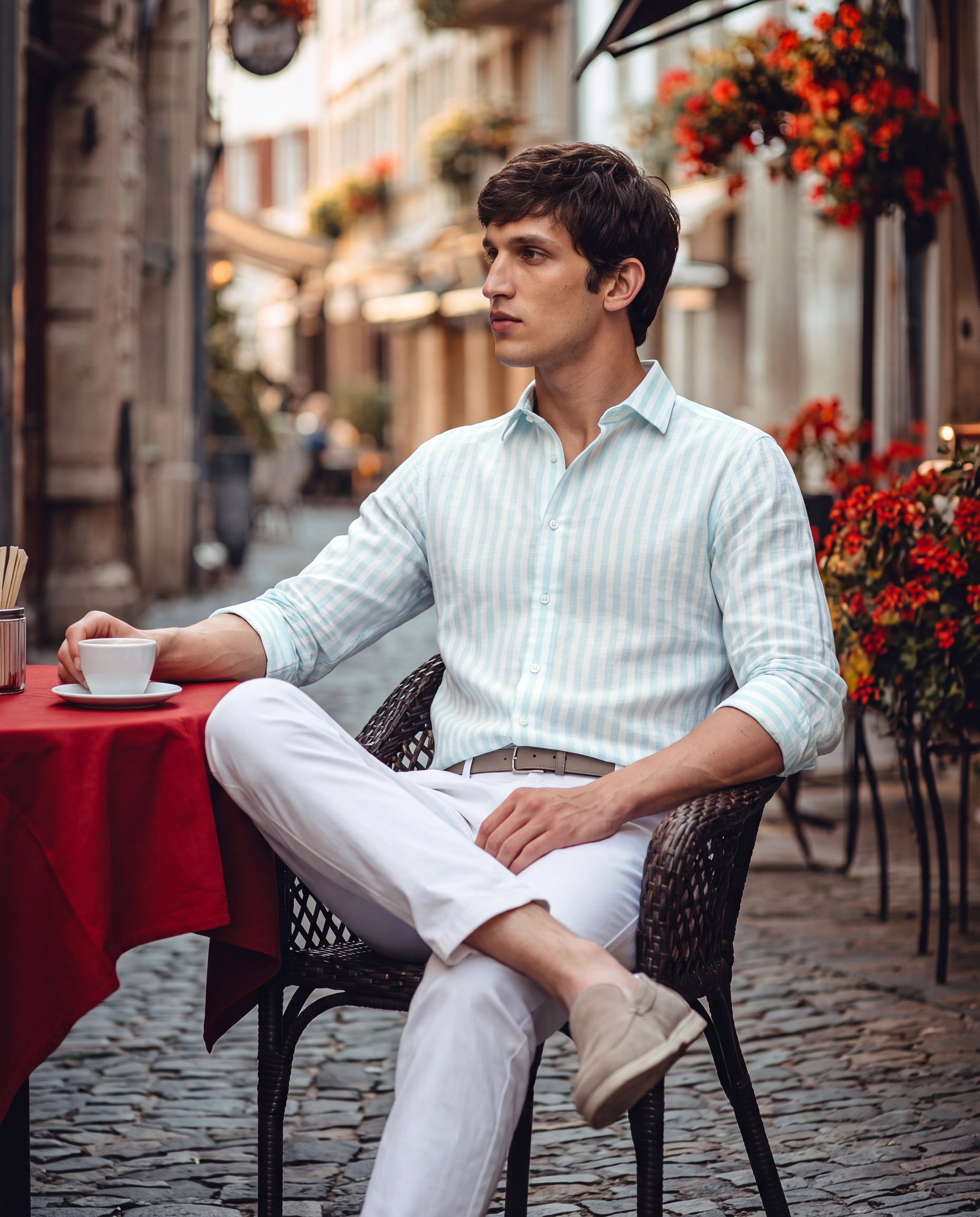 Rare Rabbit Men's Bario Green Linen Blend Fabric Full Sleeve Spread Collar Regular Striped Shirt