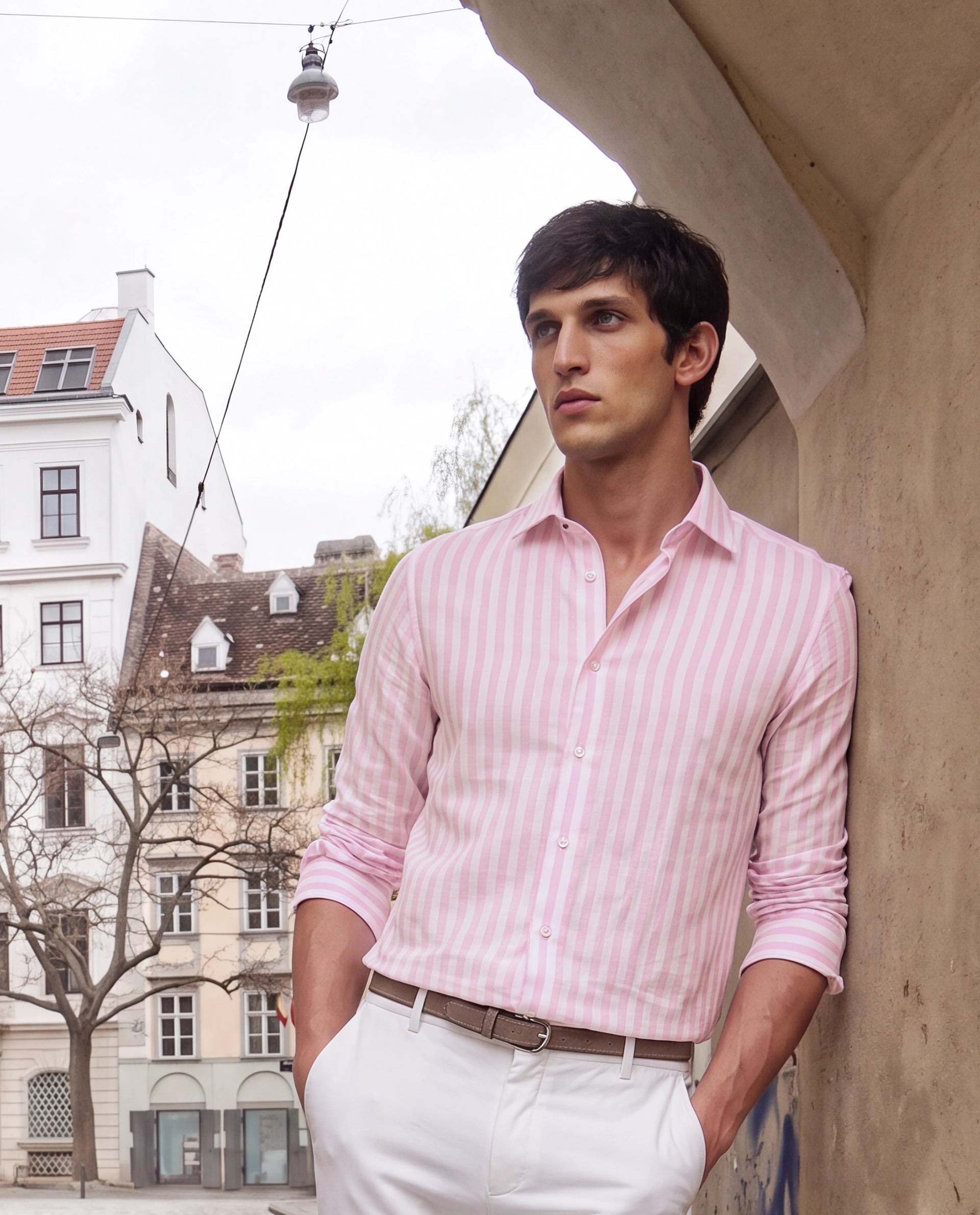 Rare Rabbit Men's Bario Pink Linen Blend Fabric Full Sleeve Spread Collar Regular Striped Shirt