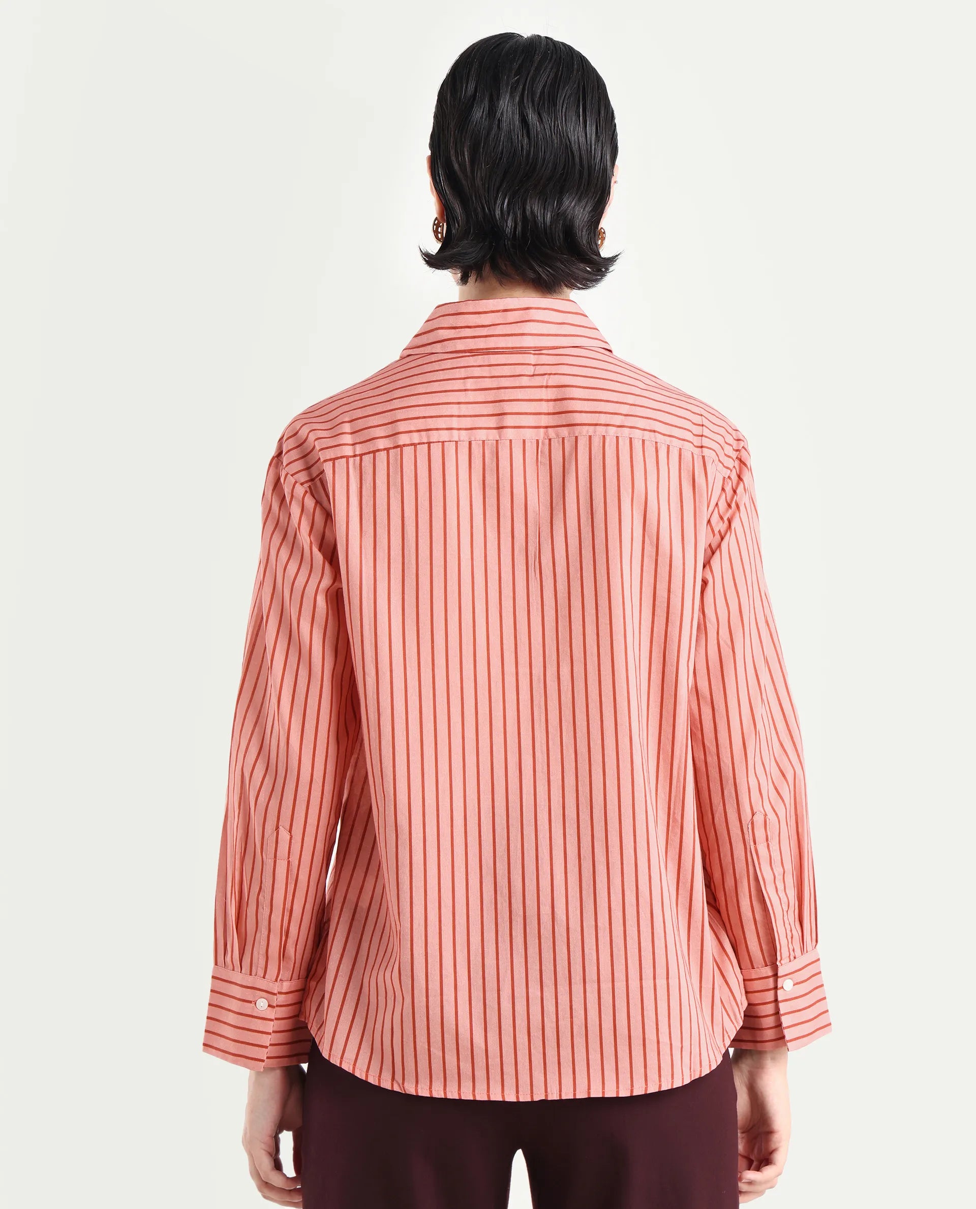 Rareism Women's Barletta Pastel Pink Cotton Drop Collar Striped Cuffed Sleeve Regular Fit Shirt
