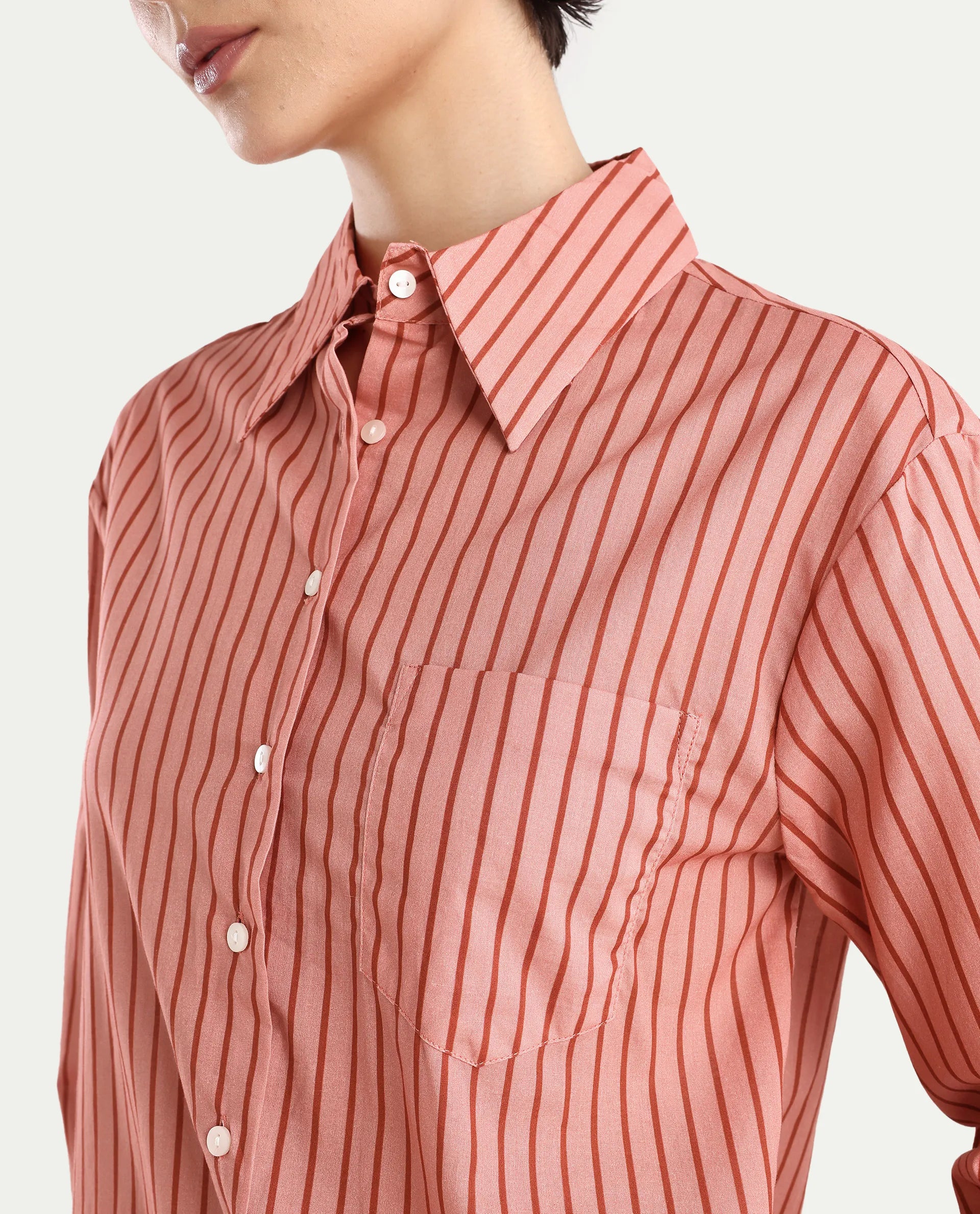 Rareism Women's Barletta Pastel Pink Cotton Drop Collar Striped Cuffed Sleeve Regular Fit Shirt