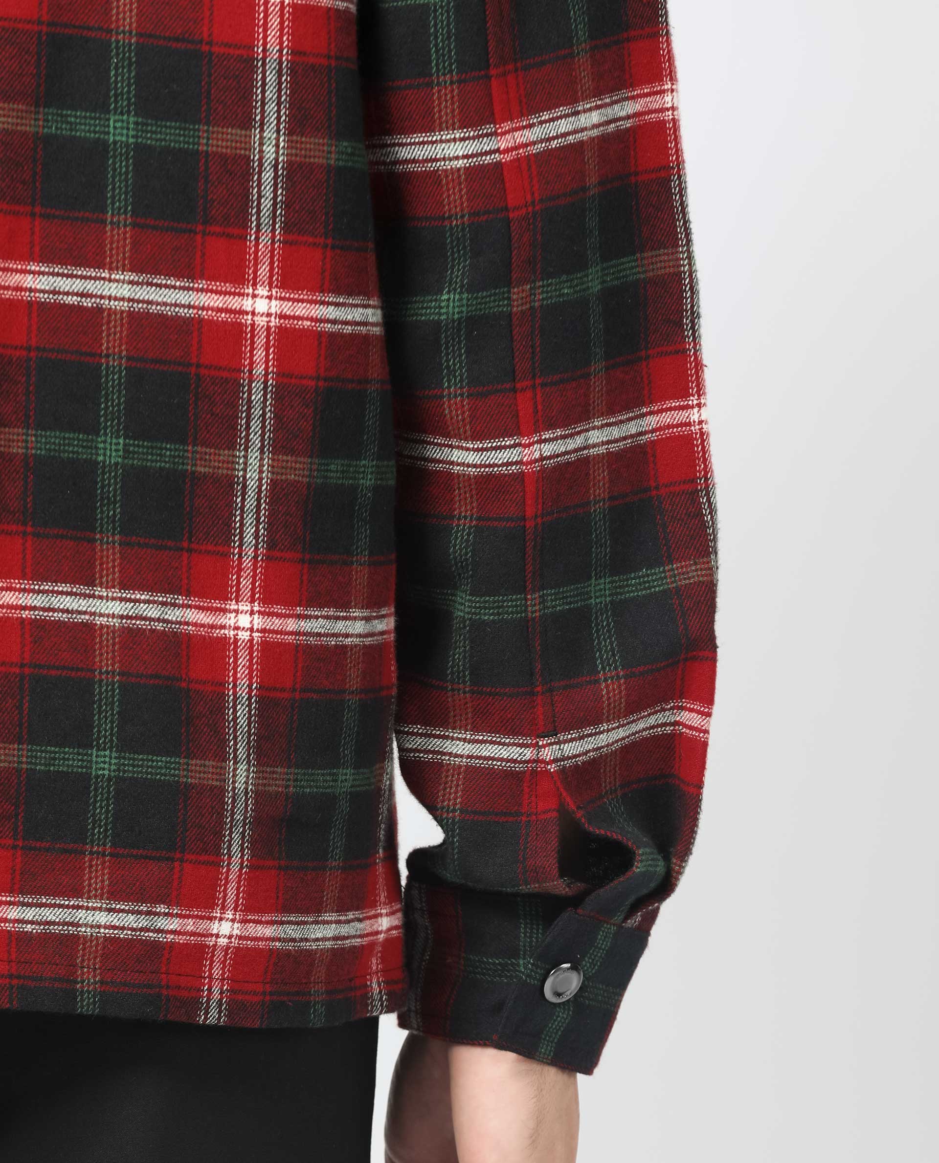 Rare Rabbit Men's Bardot Dark Red Cotton Fabric Full Sleeve Button Closure Twill Checks Shacket