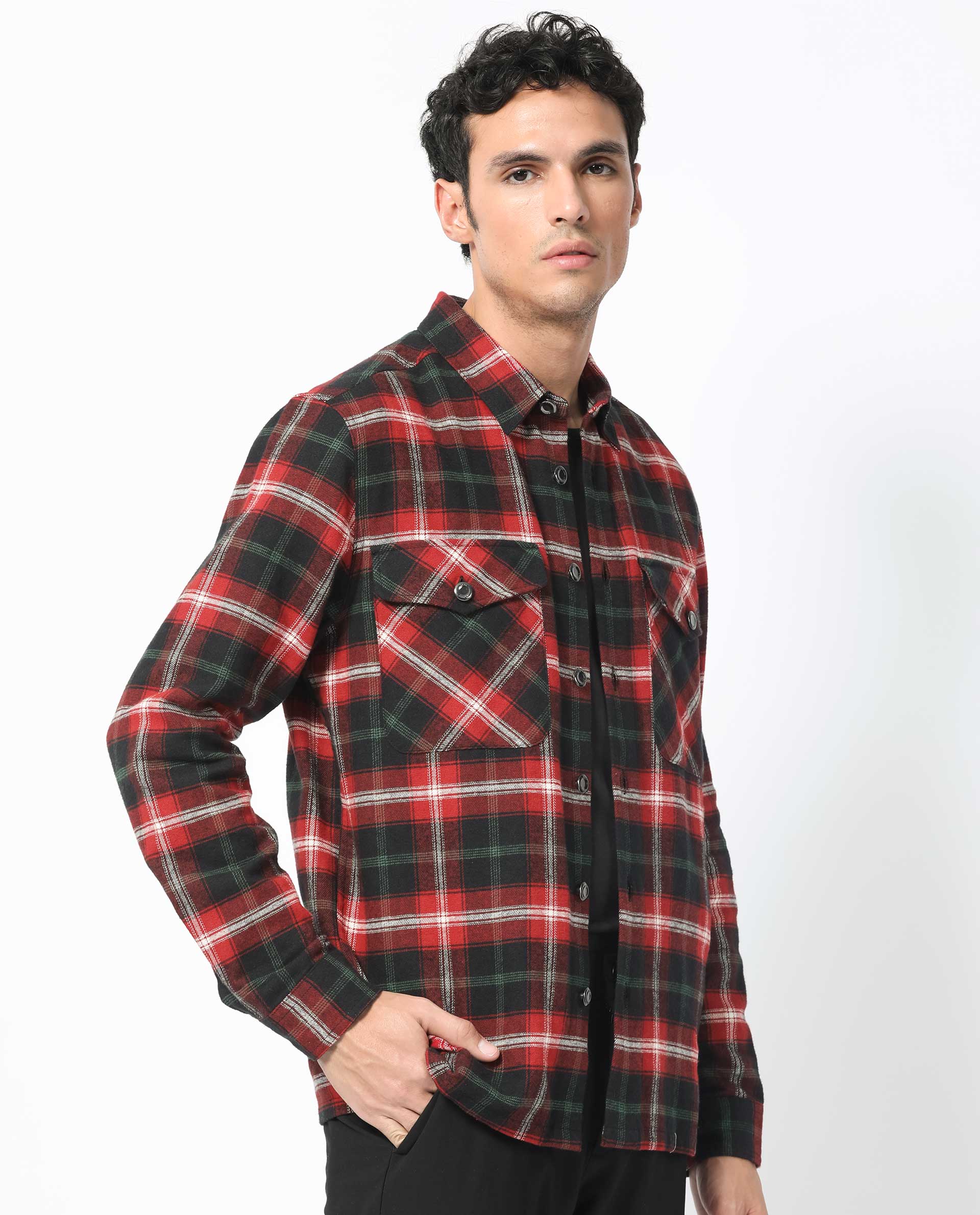 Rare Rabbit Men's Bardot Dark Red Cotton Fabric Full Sleeve Button Closure Twill Checks Shacket