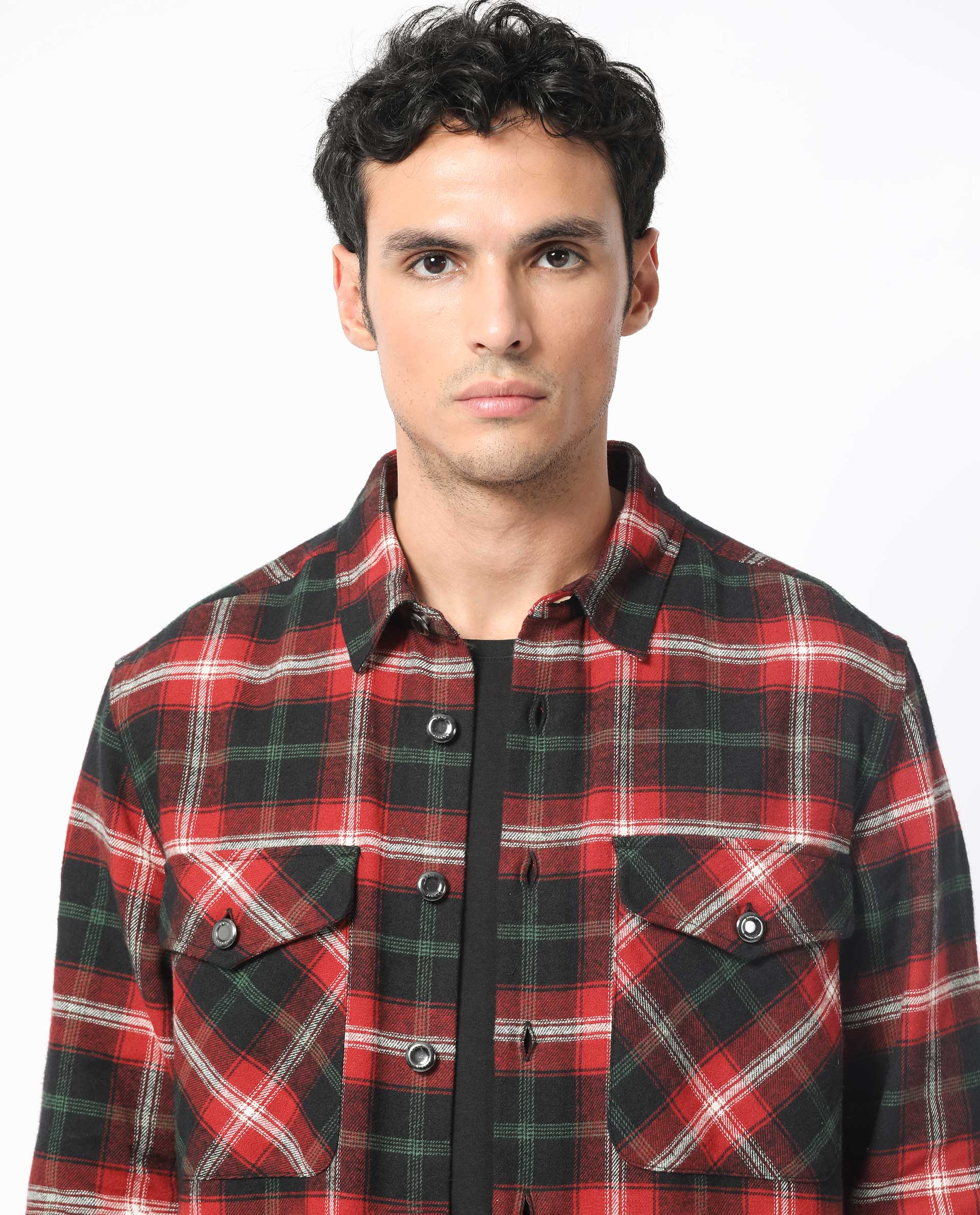 Rare Rabbit Men's Bardot Dark Red Cotton Fabric Full Sleeve Button Closure Twill Checks Shacket