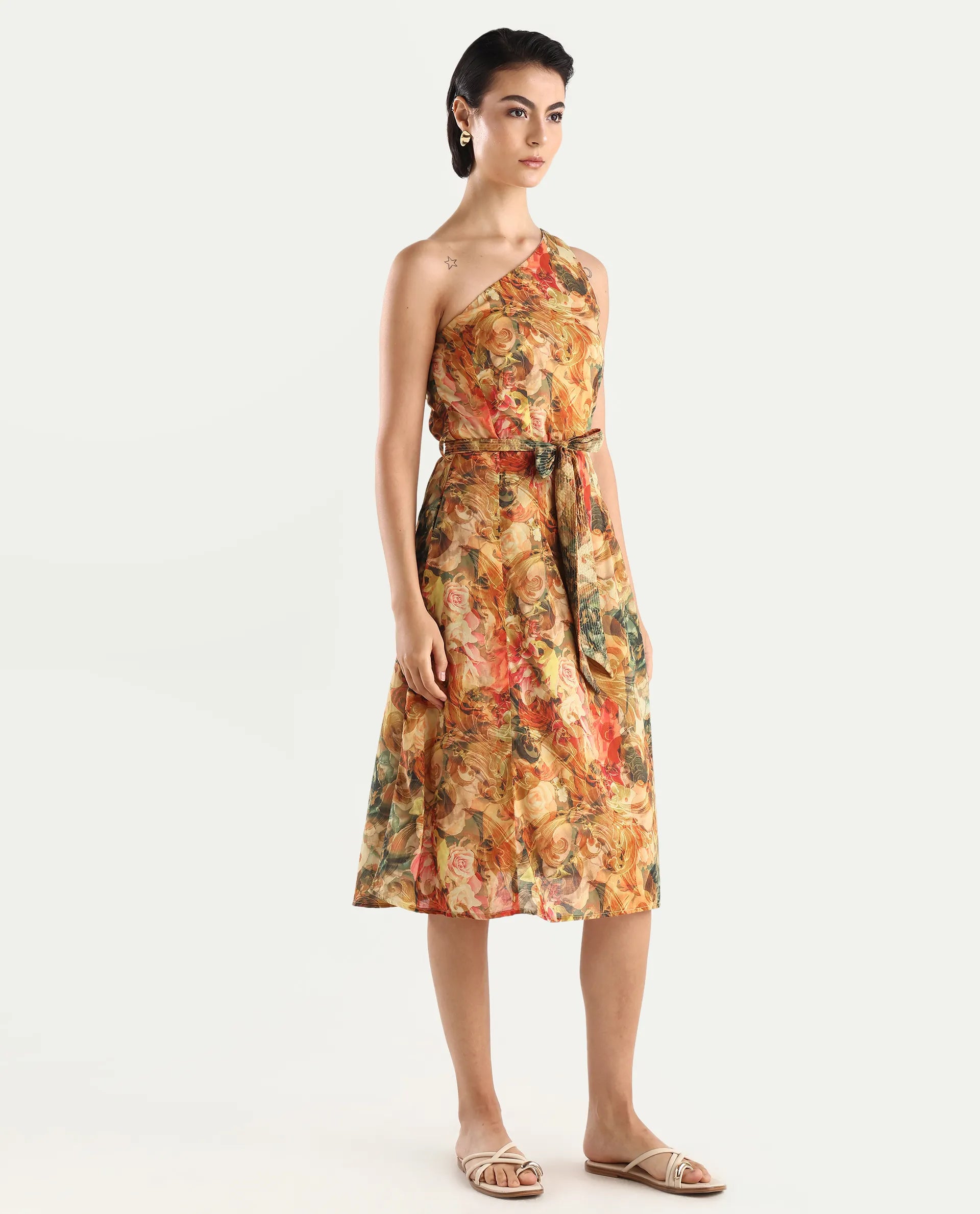Rareism Women's Barney Multi Cotton One Shoulder Abstract Print One Shoulder Midi Fit And Flare Dress