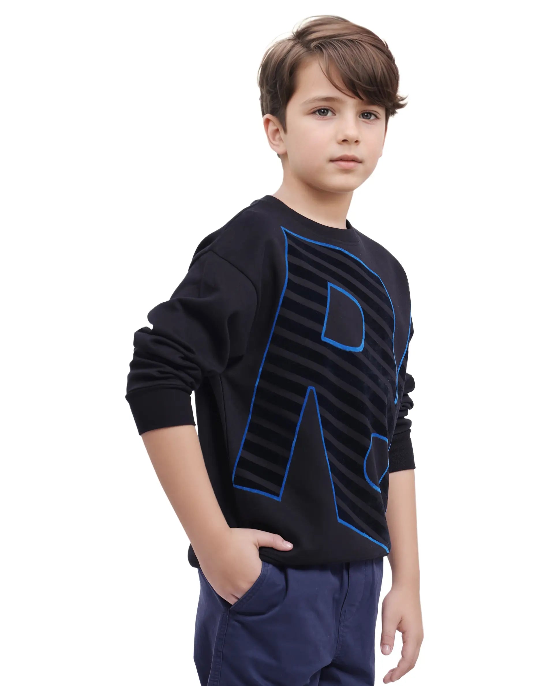 Rare Ones Kids Baros Black Cotton Full Sleeve Crew Neck Flock Print Sweatshirt