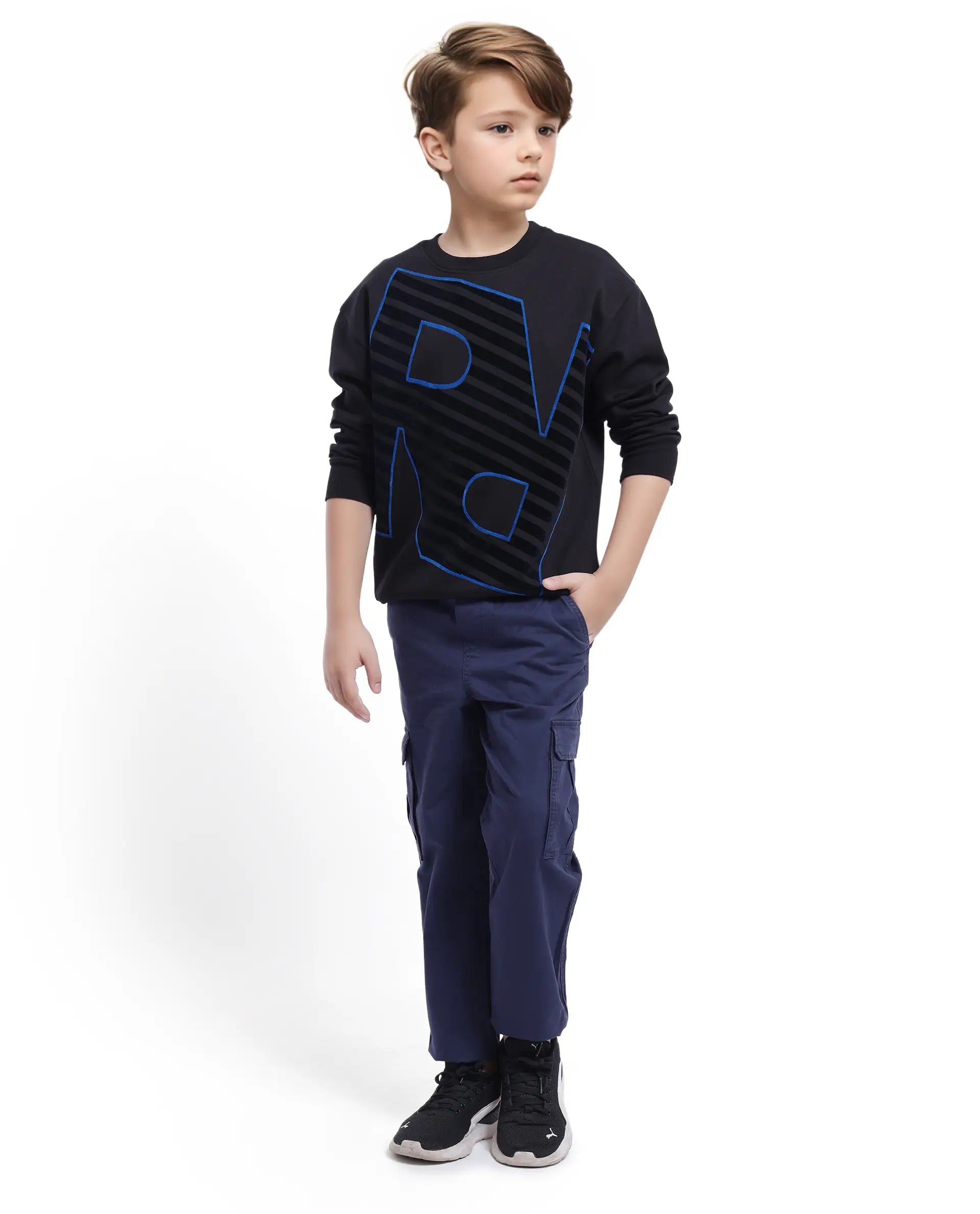 Rare Ones Kids Baros Black Cotton Full Sleeve Crew Neck Flock Print Sweatshirt