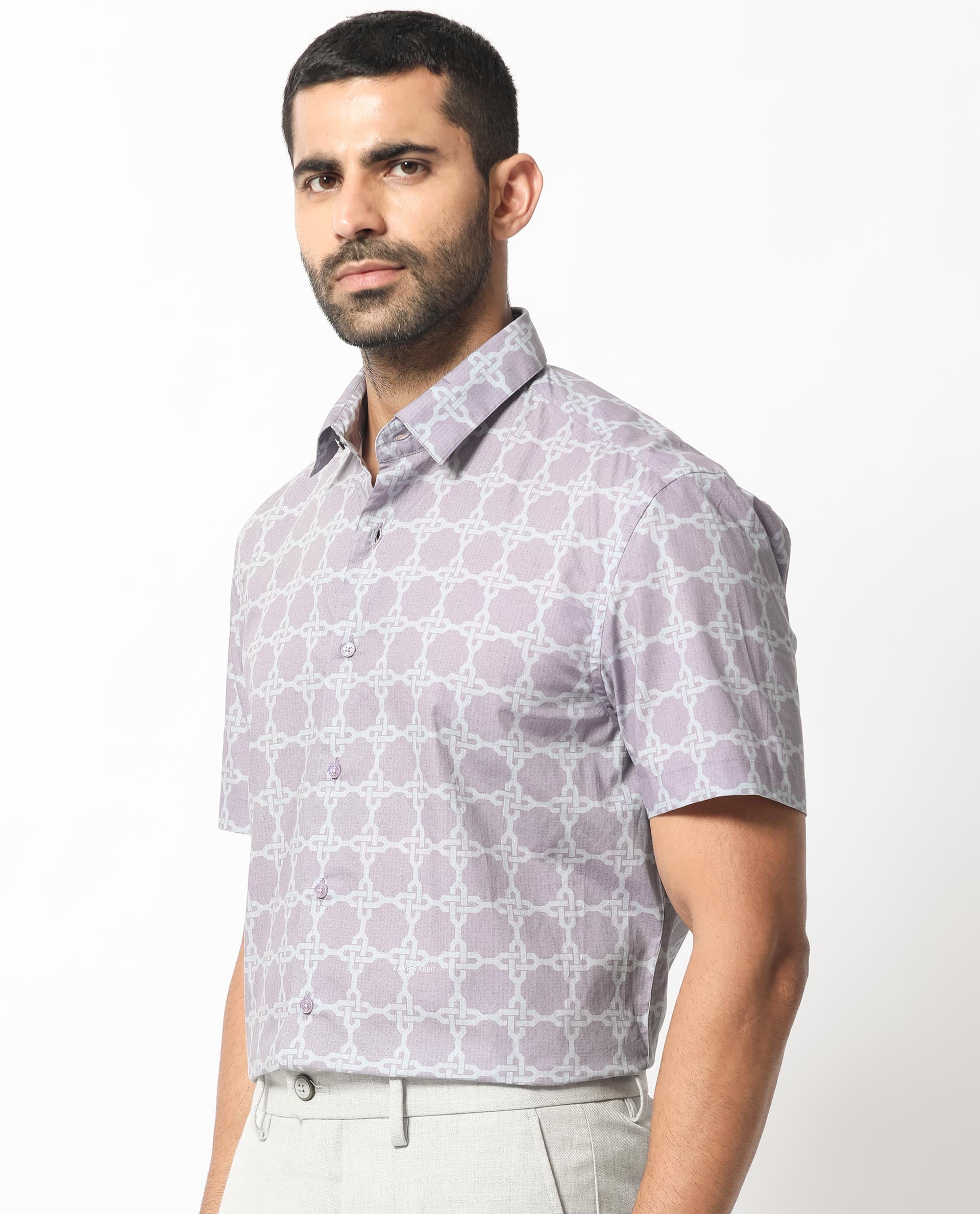 Rare Rabbit Men's Barret Pastel Purple Viscose Fabric Geometric Print Half Sleeves Shirt