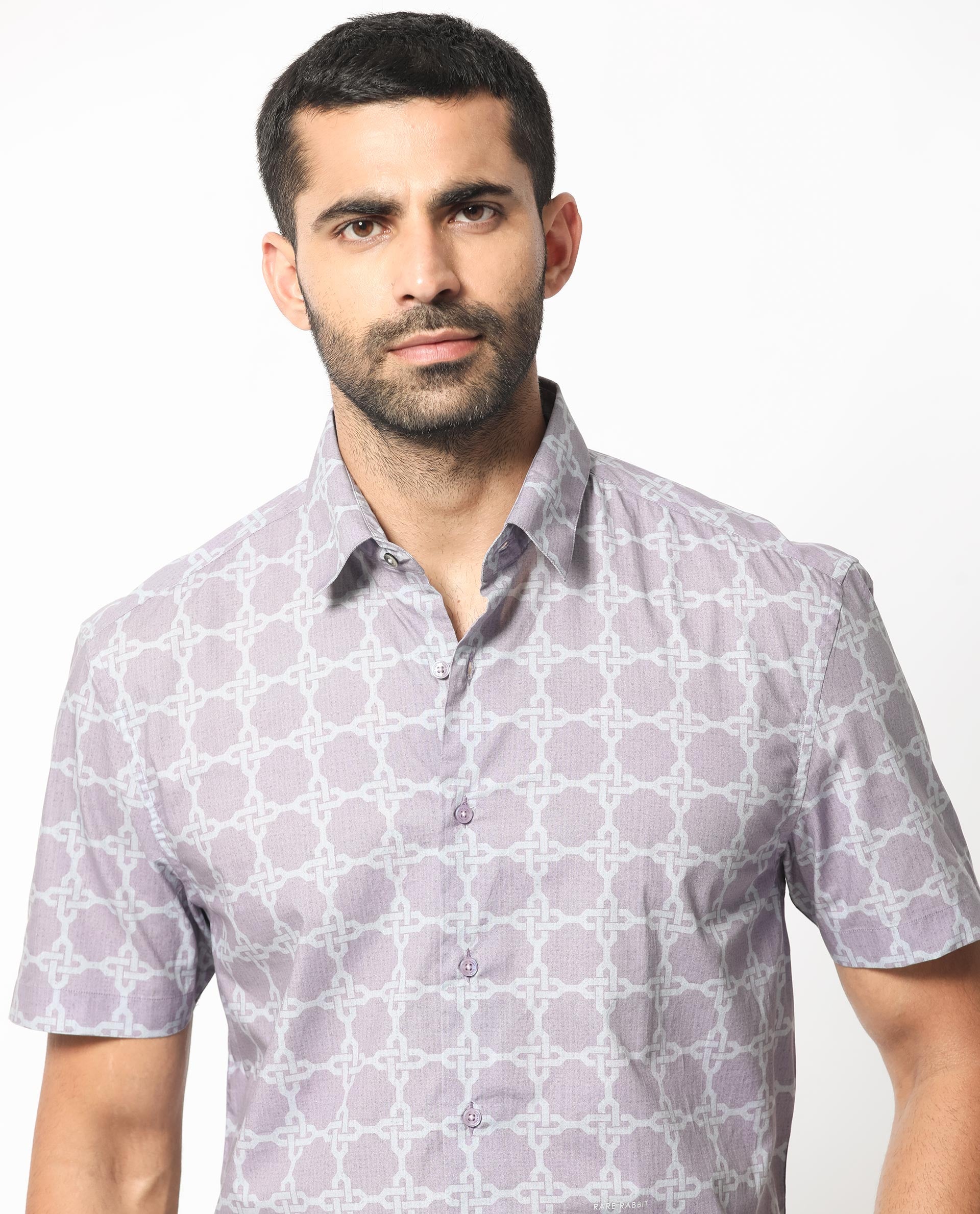 Rare Rabbit Men's Barret Pastel Purple Viscose Fabric Geometric Print Half Sleeves Shirt
