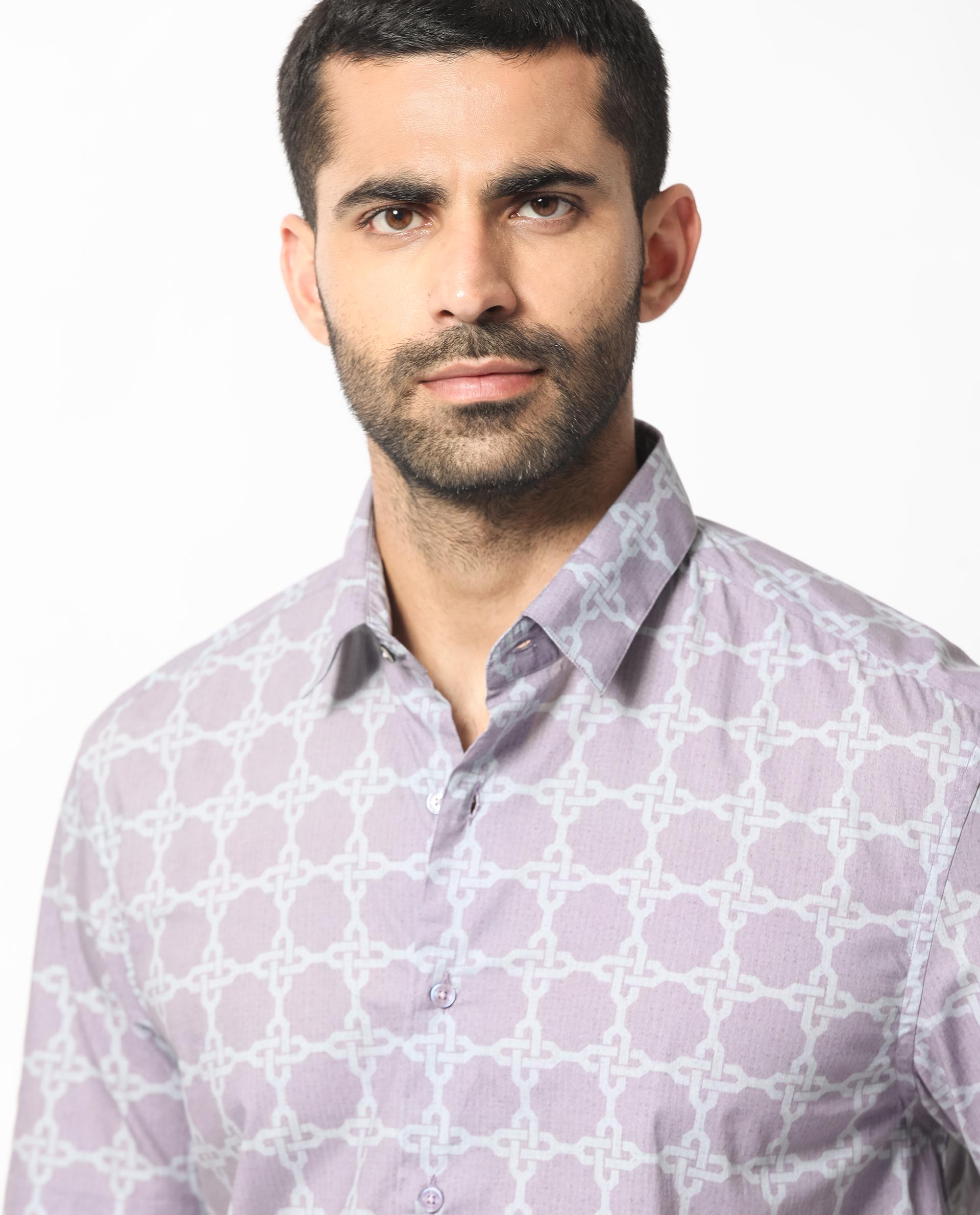 Rare Rabbit Men's Barret Pastel Purple Viscose Fabric Geometric Print Half Sleeves Shirt
