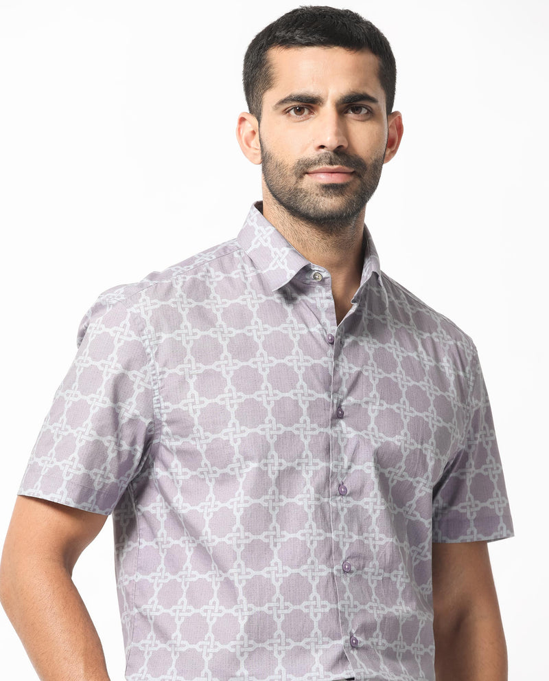 Rare Rabbit Men's Barret Pastel Purple Viscose Fabric Geometric Print Half Sleeves Shirt