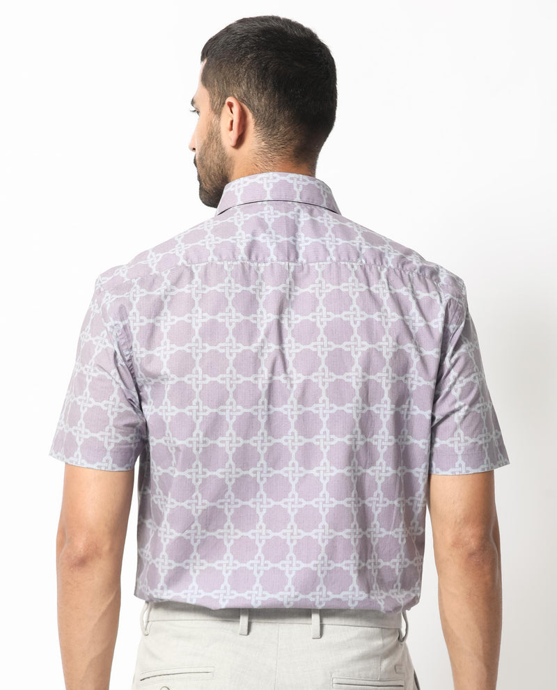 Rare Rabbit Men's Barret Pastel Purple Viscose Fabric Geometric Print Half Sleeves Shirt