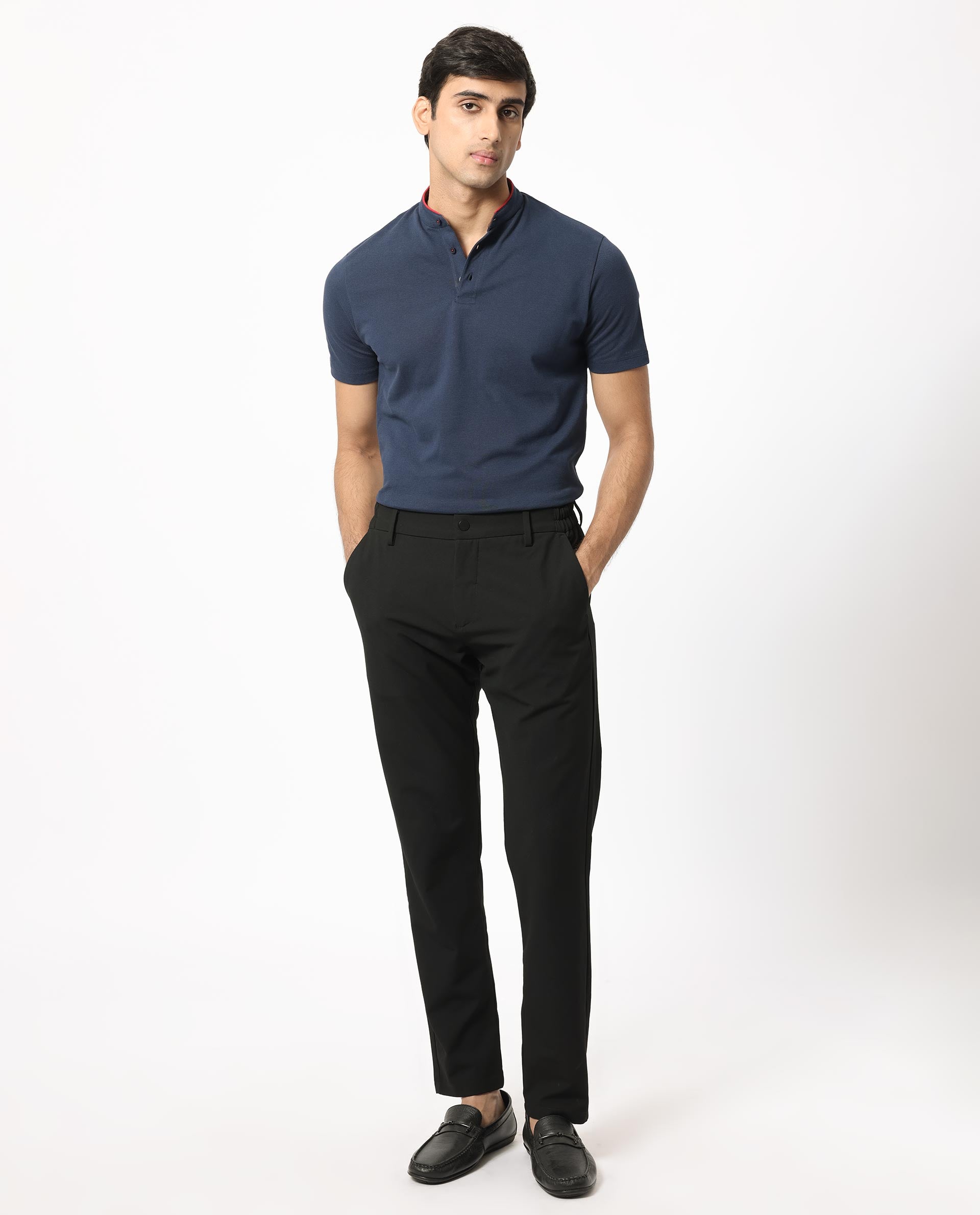 Rare Rabbit Men's Barrie Dark Navy Cotton Fabric Mandarin Collar Half Sleeves Polo T-Shirt