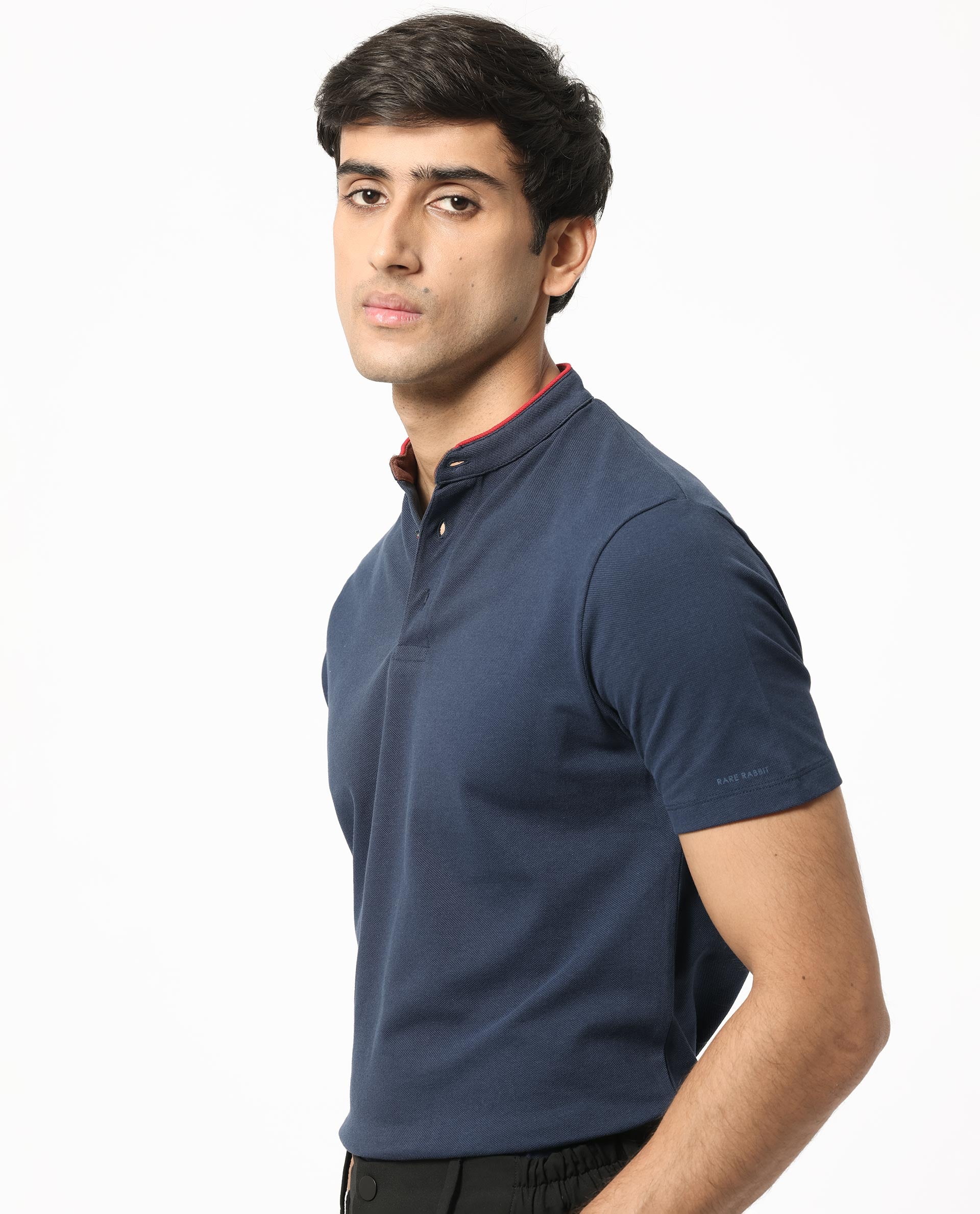 Rare Rabbit Men's Barrie Dark Navy Cotton Fabric Mandarin Collar Half Sleeves Polo T-Shirt