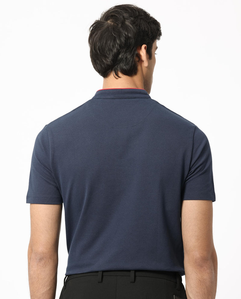 Rare Rabbit Men's Barrie Dark Navy Cotton Fabric Mandarin Collar Half Sleeves Polo T-Shirt