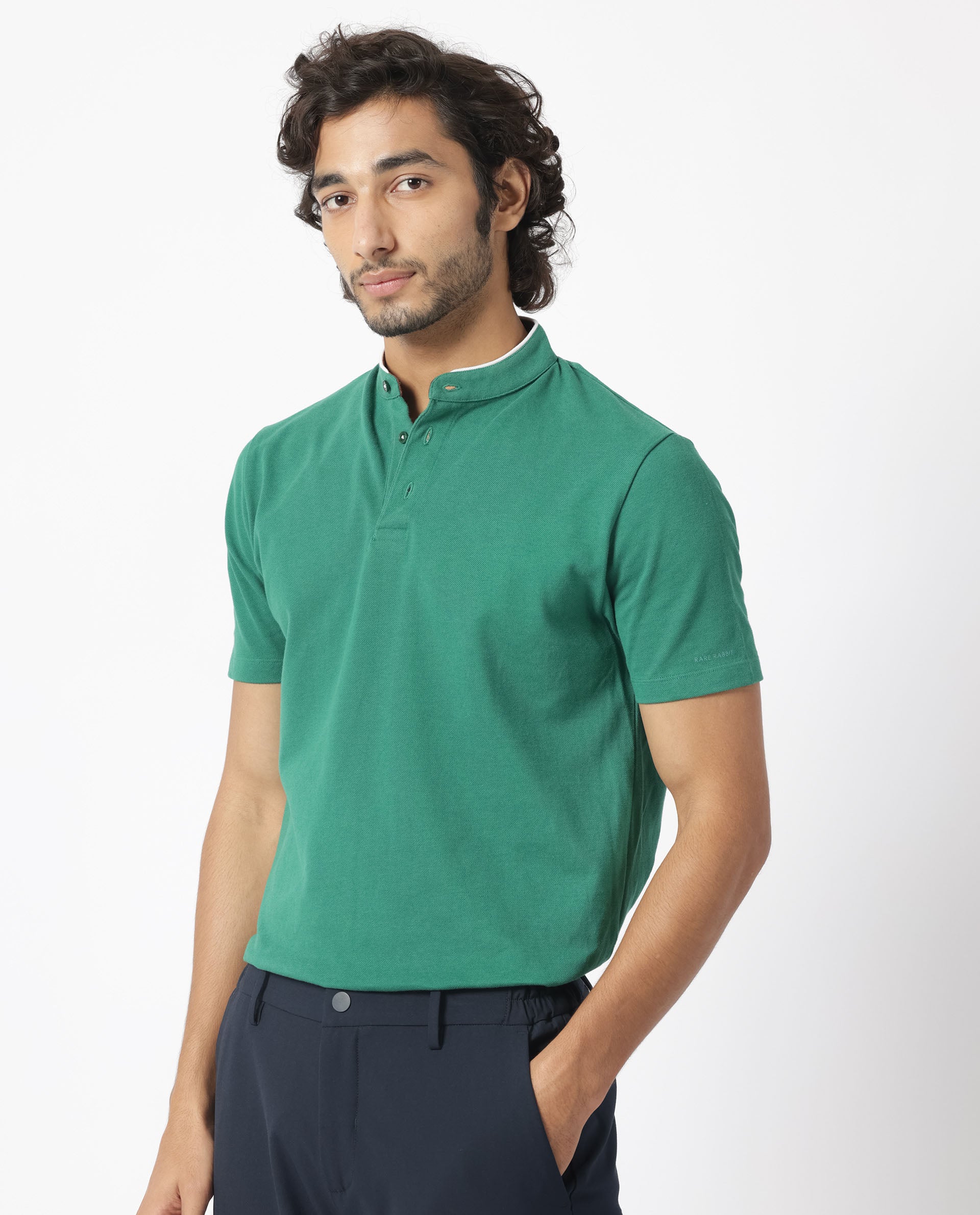 Rare Rabbit Men's Barrie Dark Green Cotton Fabric Mandarin Collar Half Sleeves Polo T-Shirt