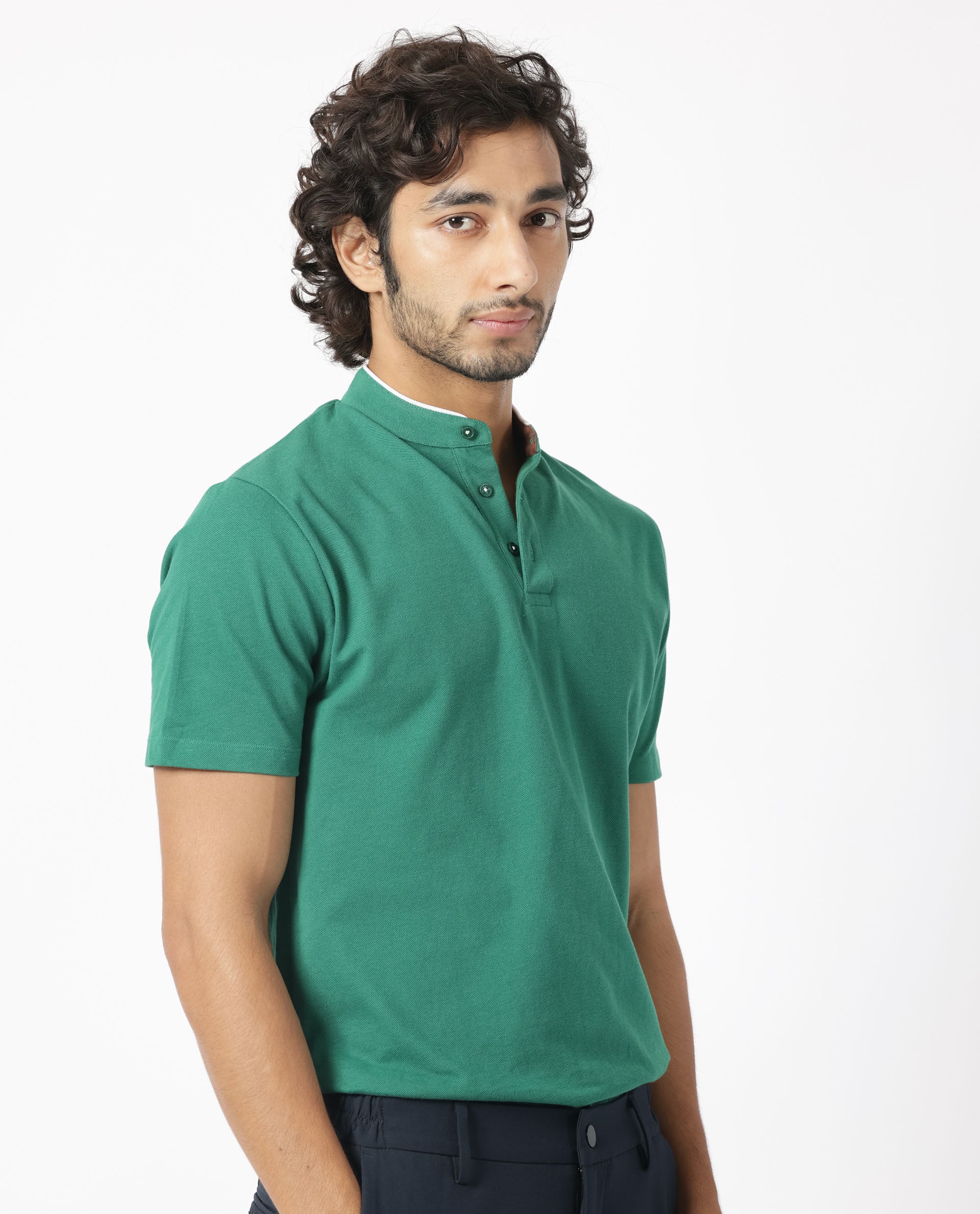 Rare Rabbit Men's Barrie Dark Green Cotton Fabric Mandarin Collar Half Sleeves Polo T-Shirt