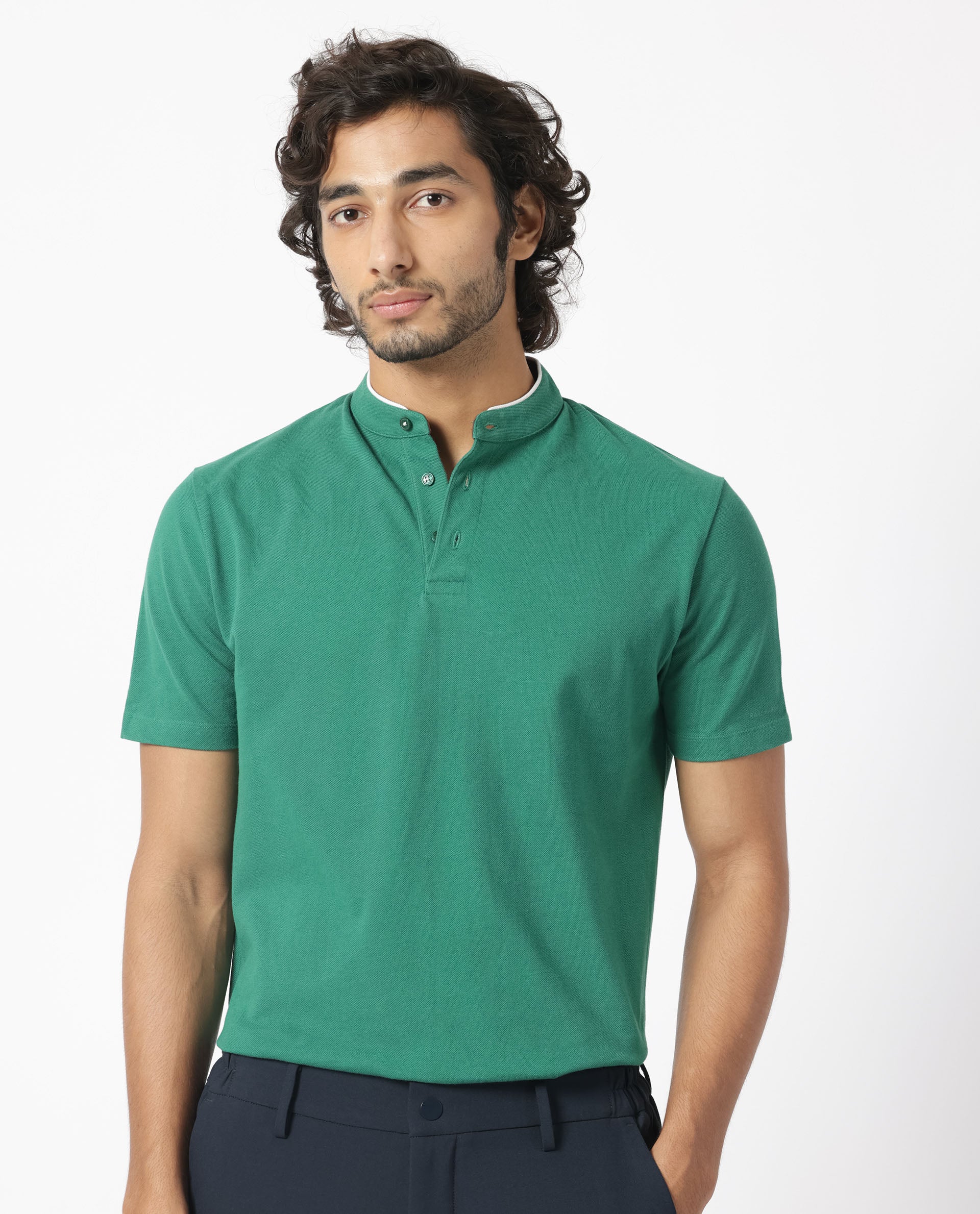 Rare Rabbit Men's Barrie Dark Green Cotton Fabric Mandarin Collar Half Sleeves Polo T-Shirt