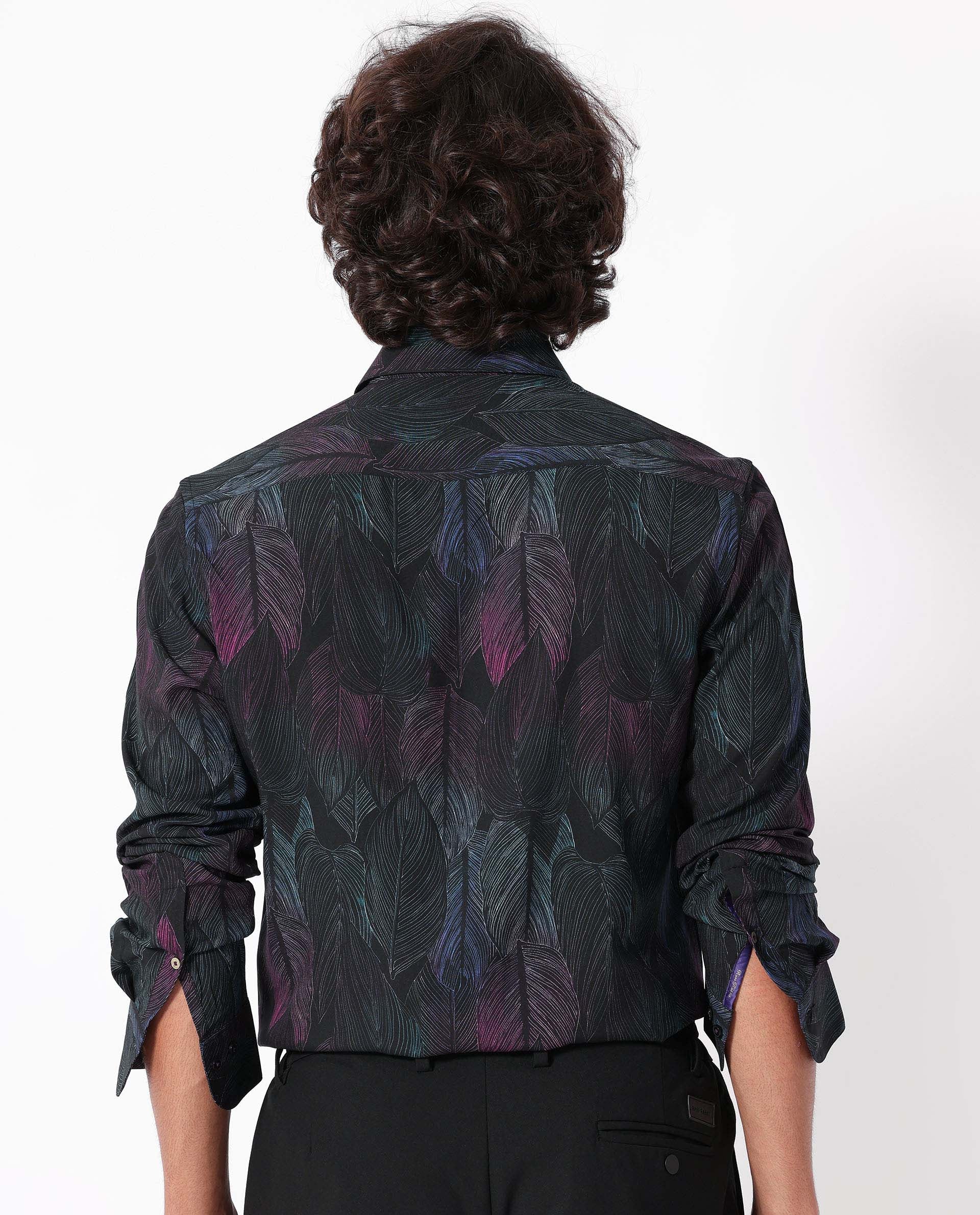 Rare Rabbit Men's Bartlets Black Viscose Fabric Tropical Print Full Sleeves Shirt