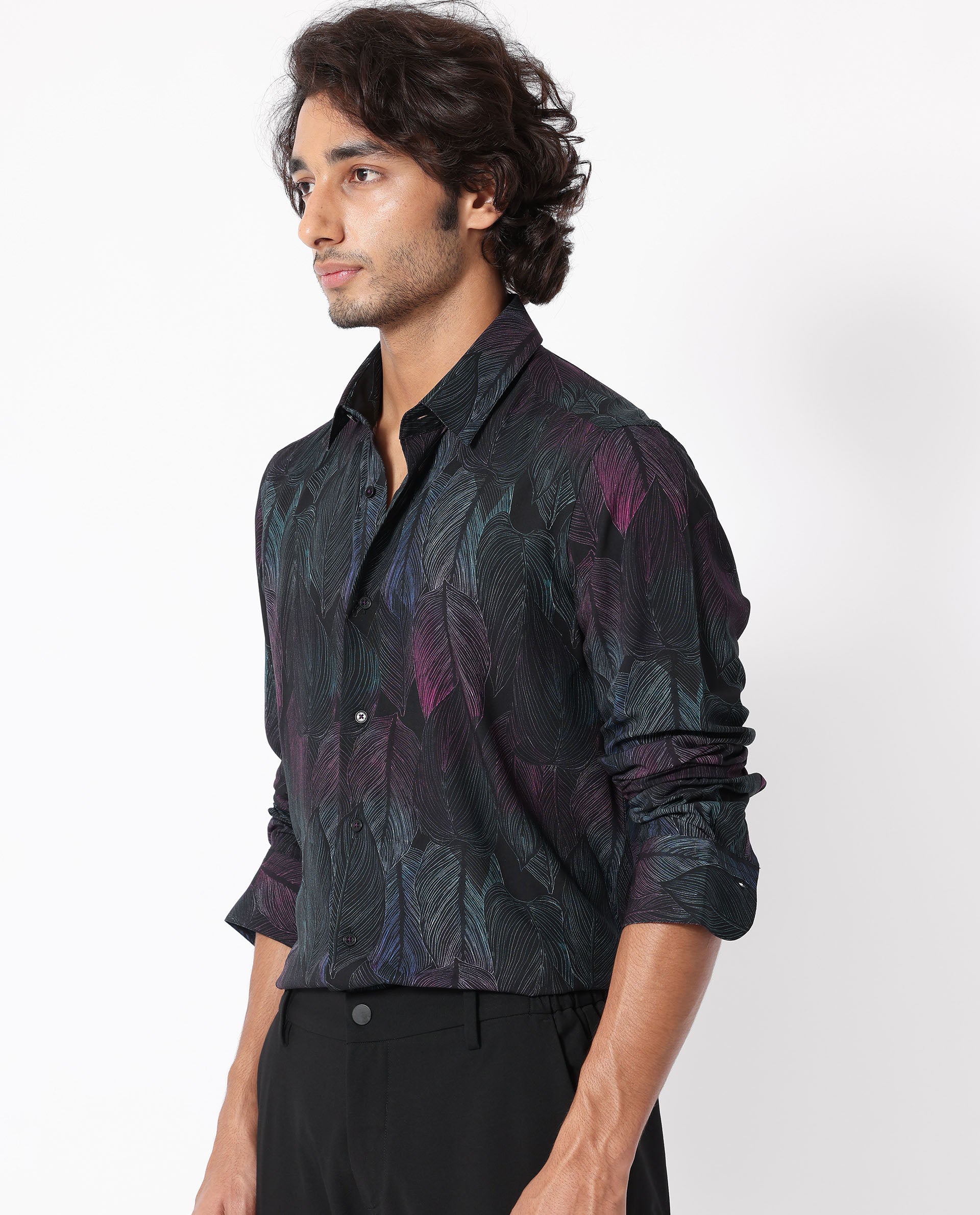 Rare Rabbit Men's Bartlets Black Viscose Fabric Tropical Print Full Sleeves Shirt