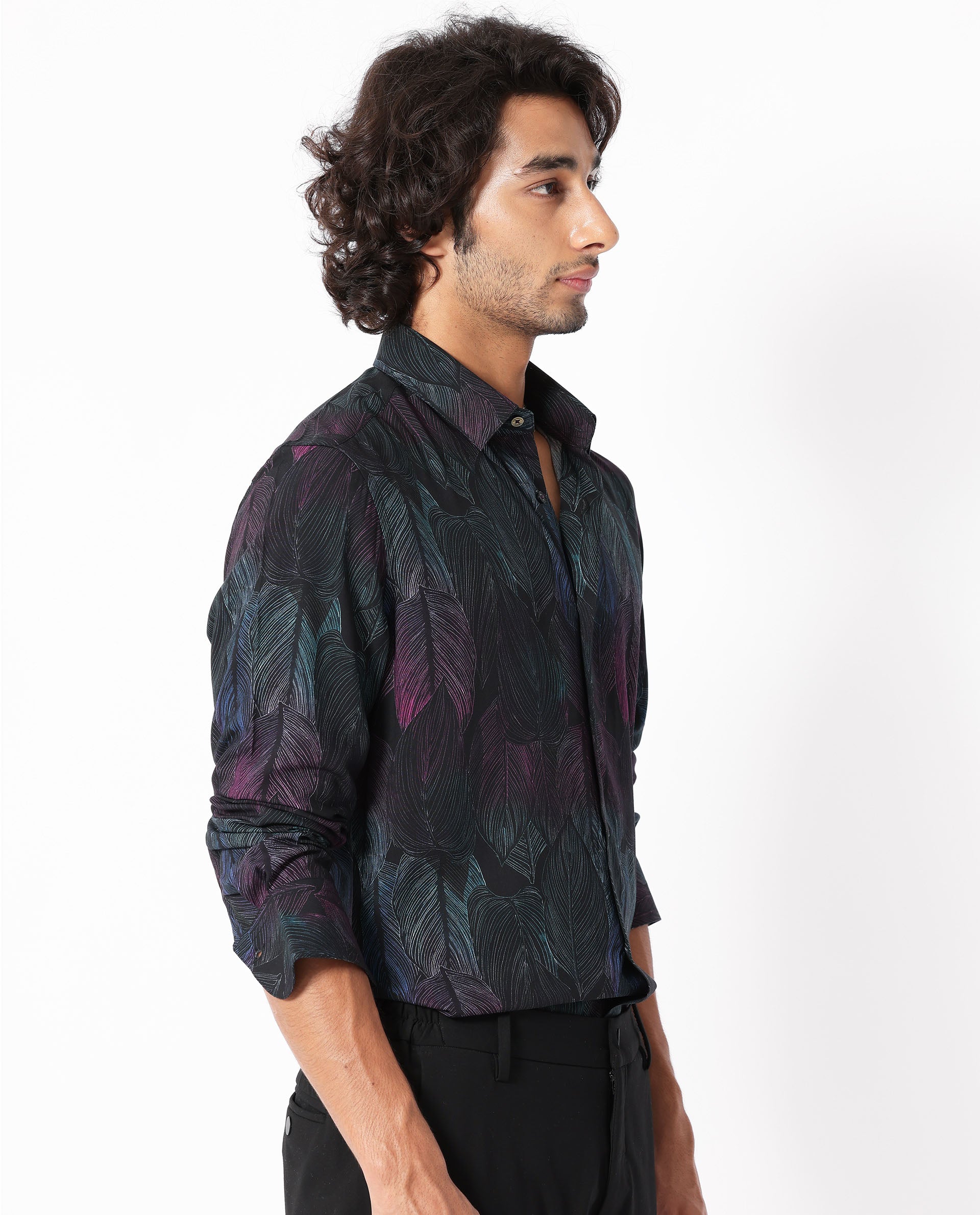 Rare Rabbit Men's Bartlets Black Viscose Fabric Tropical Print Full Sleeves Shirt