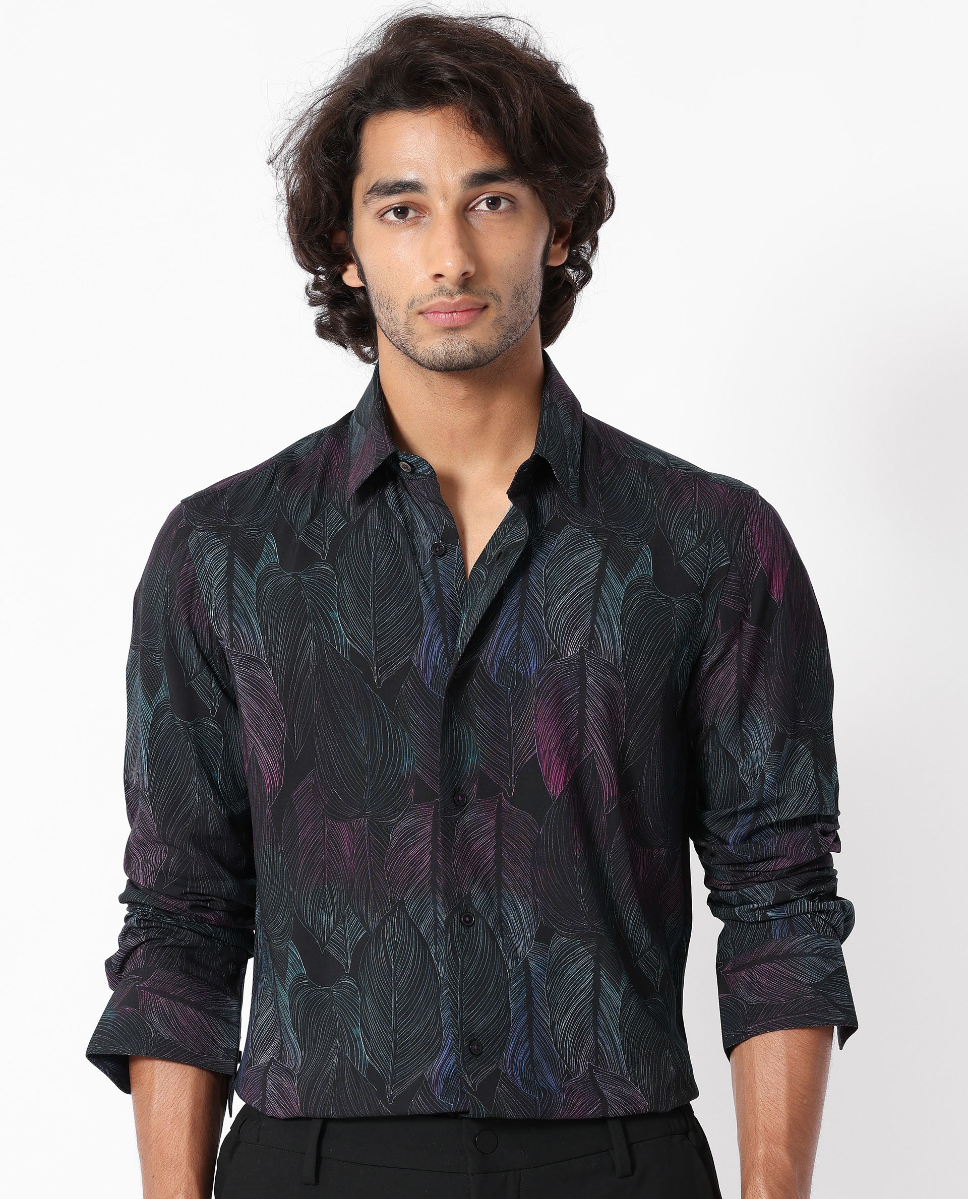 Rare Rabbit Men's Bartlets Black Viscose Fabric Tropical Print Full Sleeves Shirt
