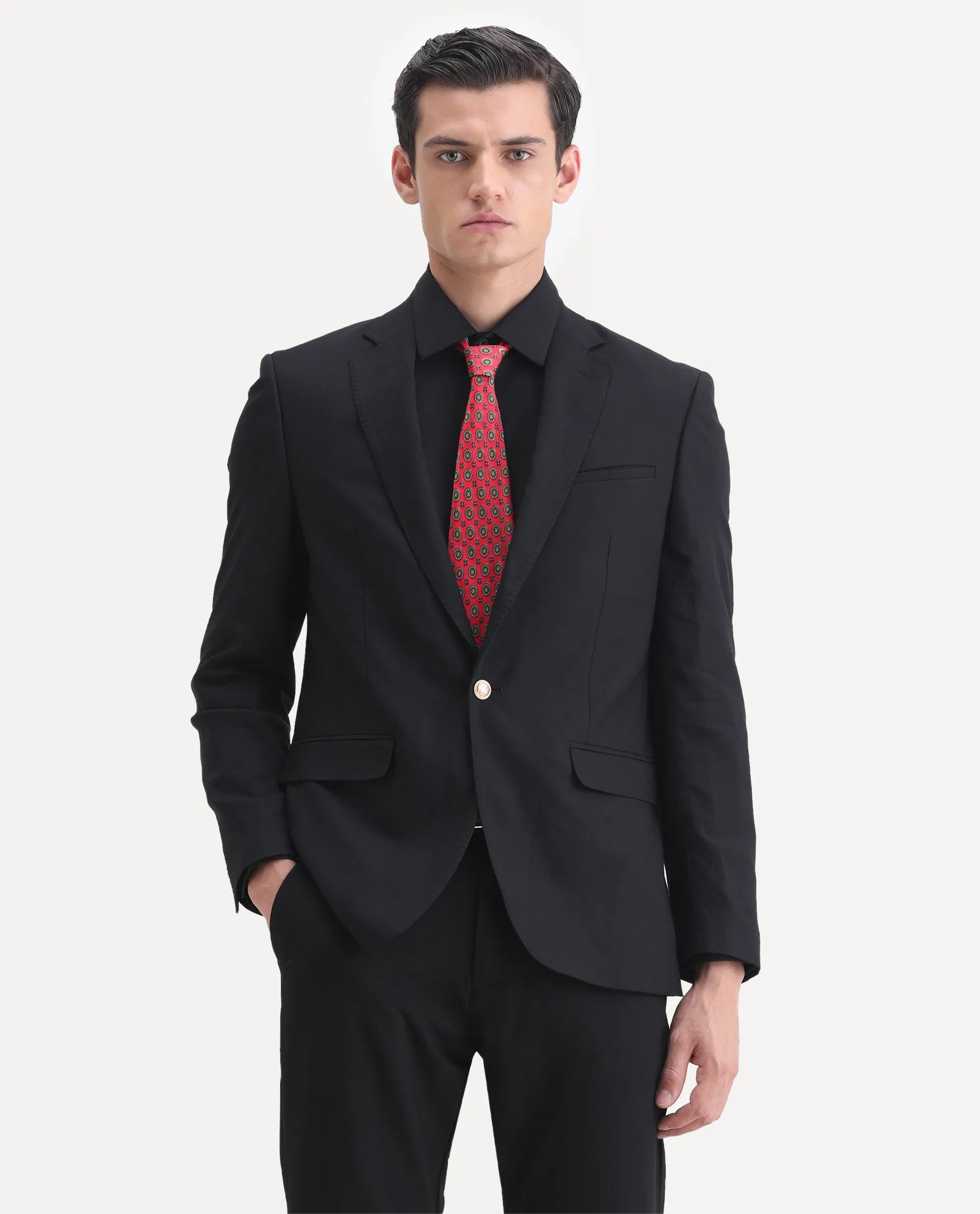 Rare Rabbit Men's Barton Black Polyester Plain Tailored Fit Full Sleeve Lapel Neck Blazer