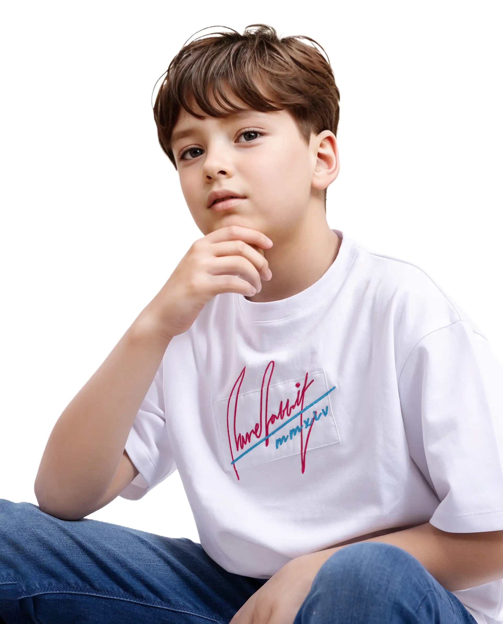 Rare Ones Kids Bart White Cotton Poly Short Sleeve Crew Neck Embroidered T-Shirt