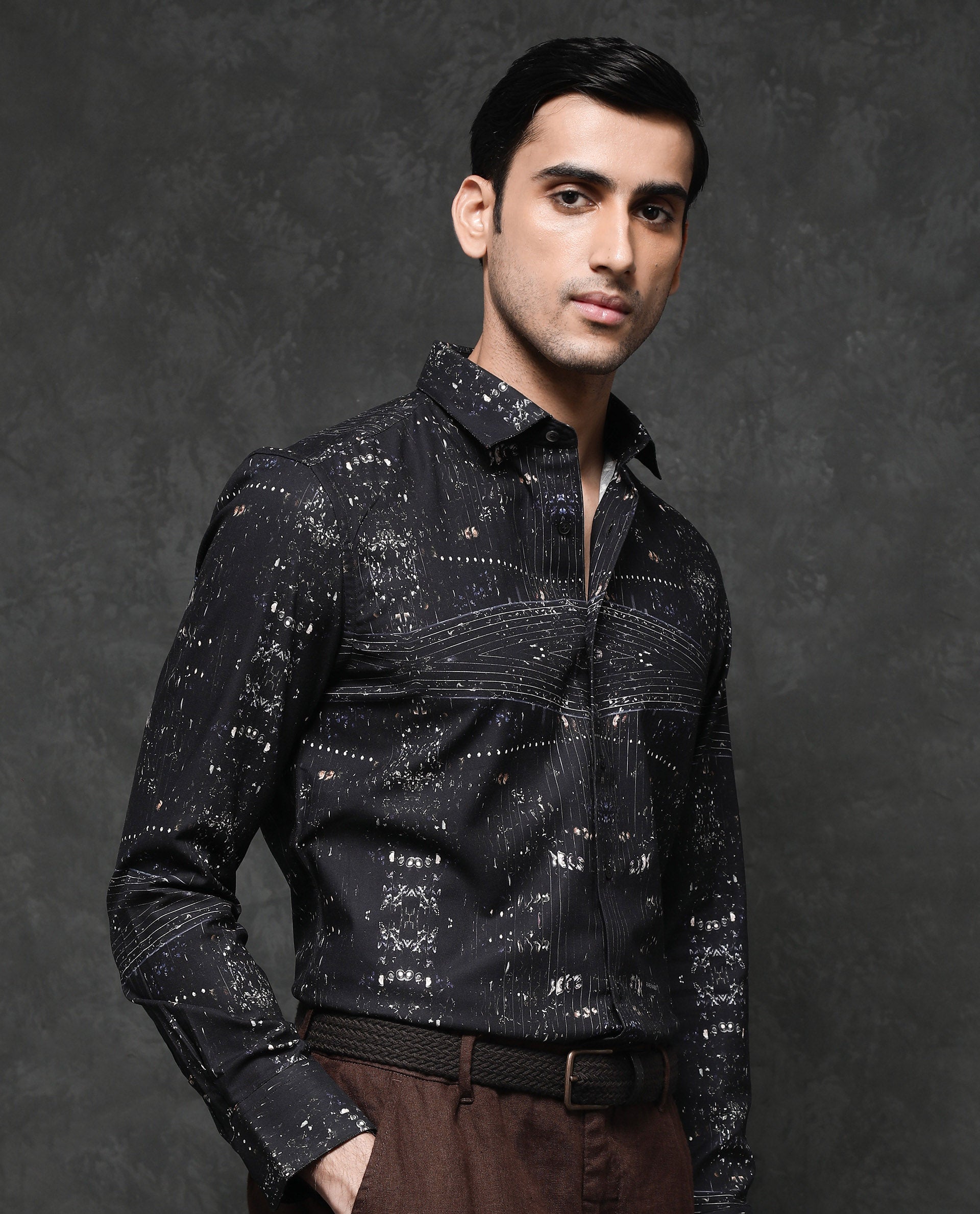 Rare Rabbit Men's Basco Black Viscose Fabric Full Sleeve Regular Fit Abstract Print Shirt