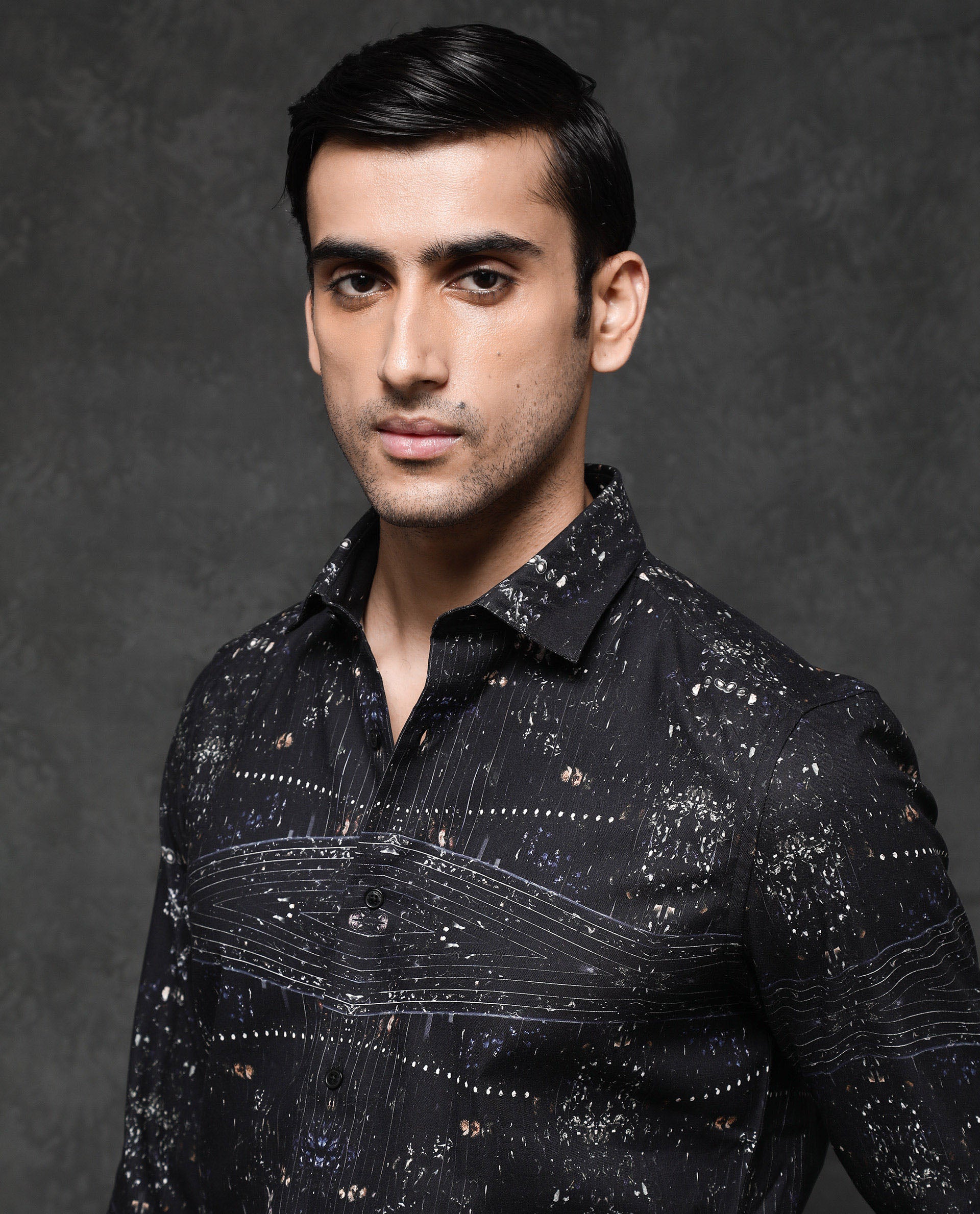 Rare Rabbit Men's Basco Black Viscose Fabric Full Sleeve Regular Fit Abstract Print Shirt