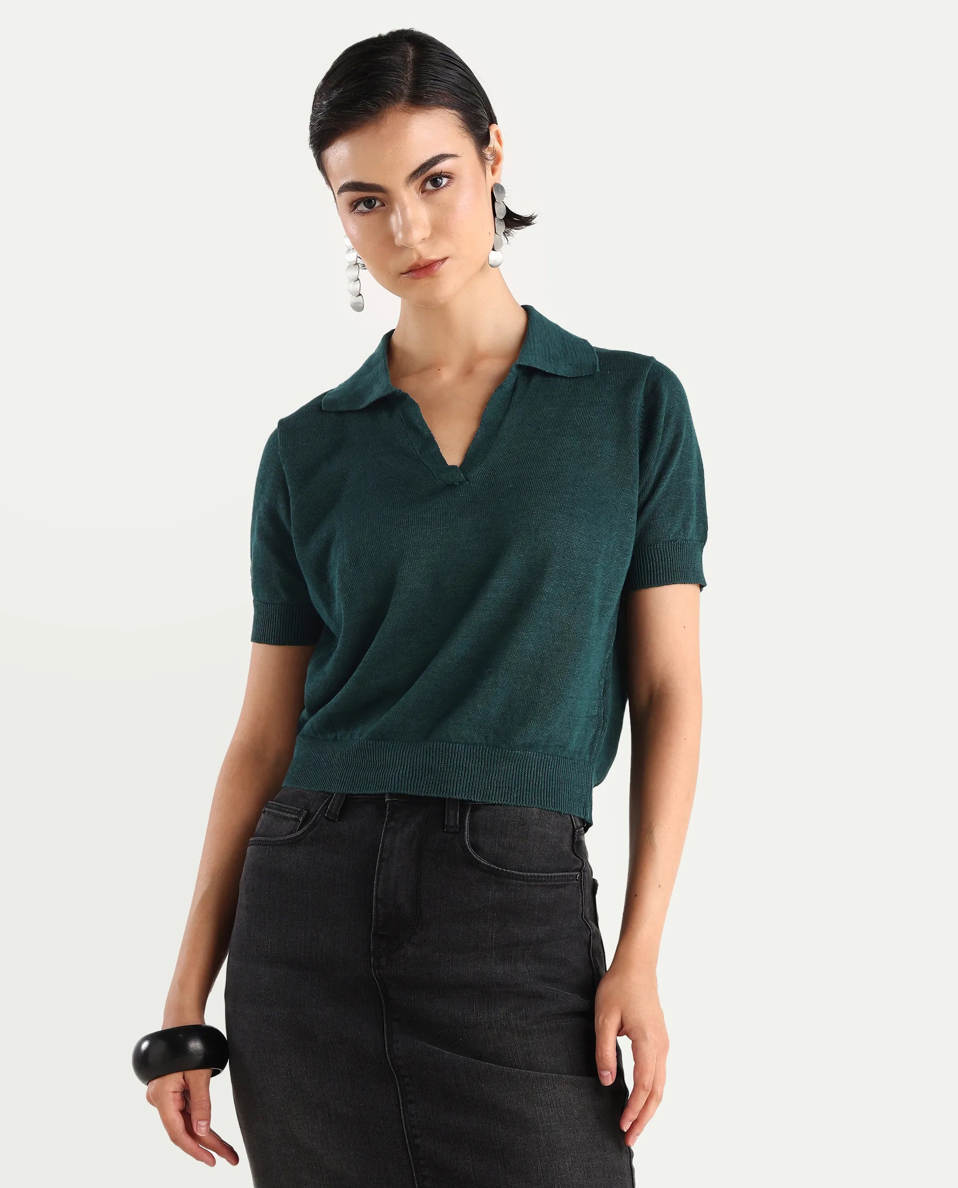 Rareism Women's Basel Green Cotton Linen Polo Neck Plain Regular Fit Polo