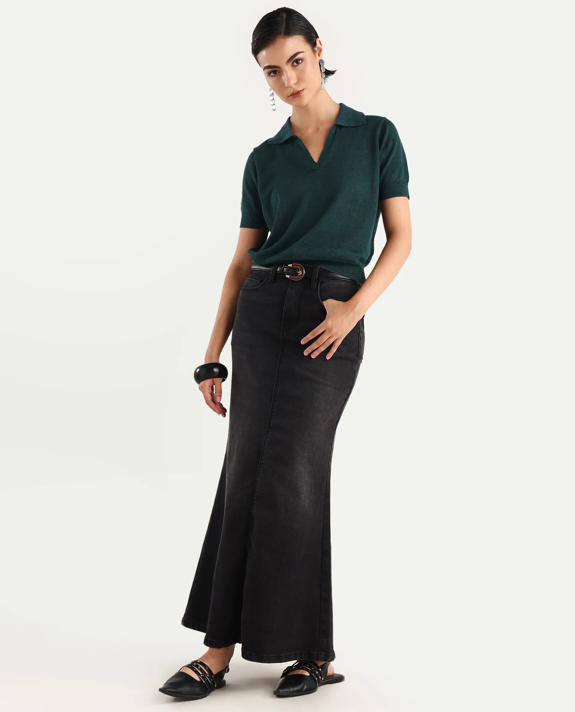 Rareism Women's Basel Green Cotton Linen Polo Neck Plain Regular Fit Polo