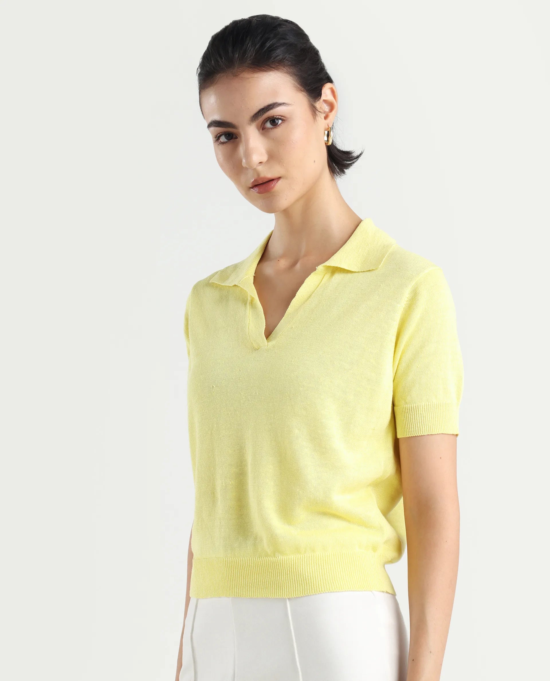 Rareism Women's Basel Yellow Cotton Linen Polo Neck Plain Regular Fit Polo