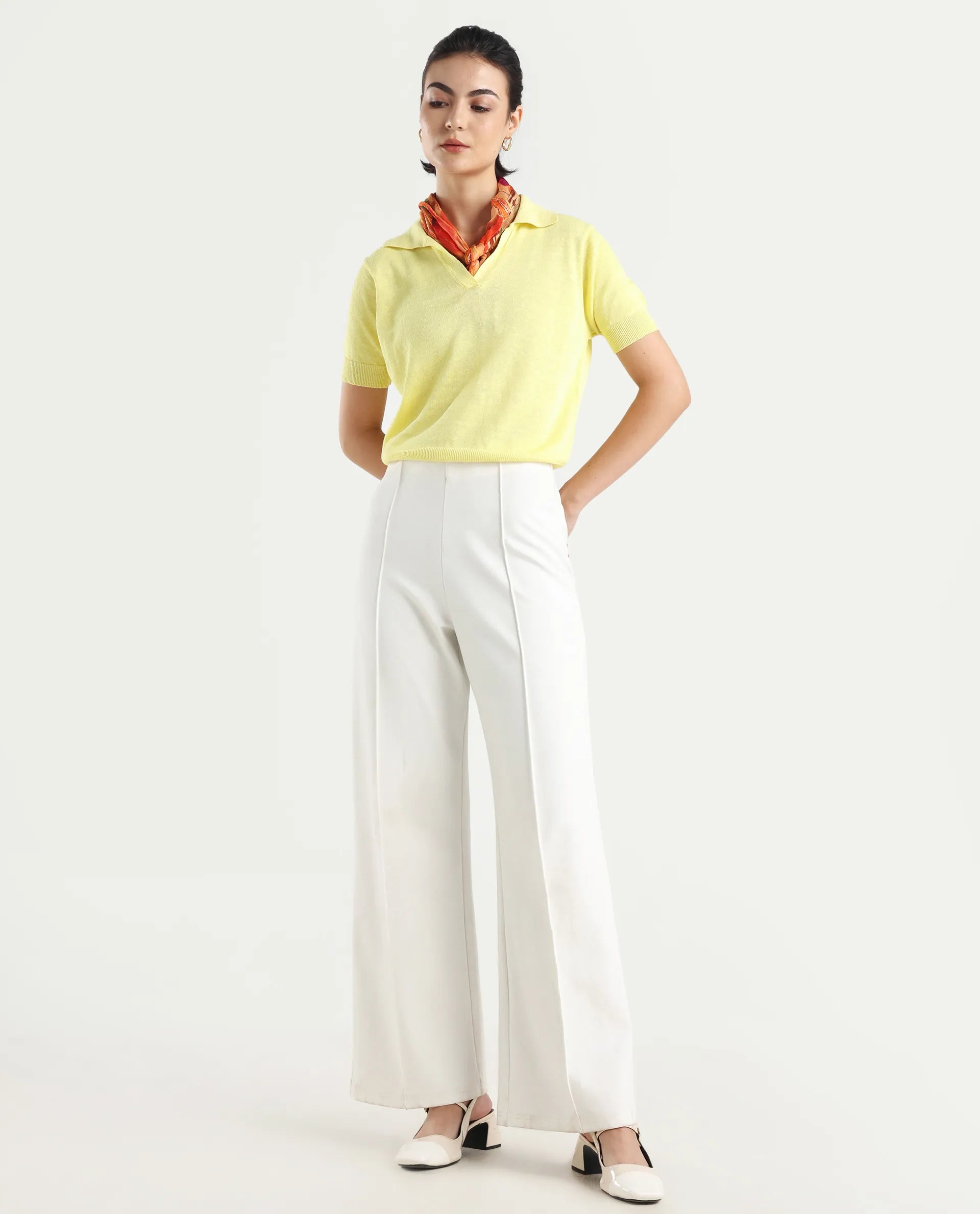 Rareism Women's Basel Yellow Cotton Linen Polo Neck Plain Regular Fit Polo