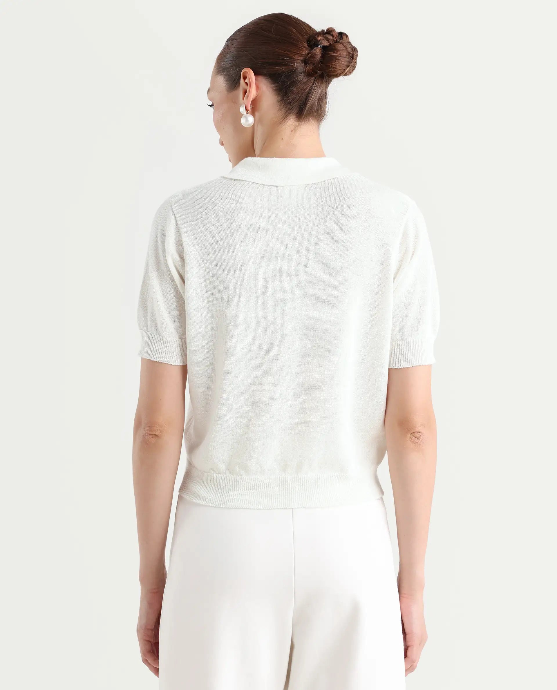 Rareism Women's Basel - Off White Cotton Linen Polo Neck Plain Regular Fit Polo