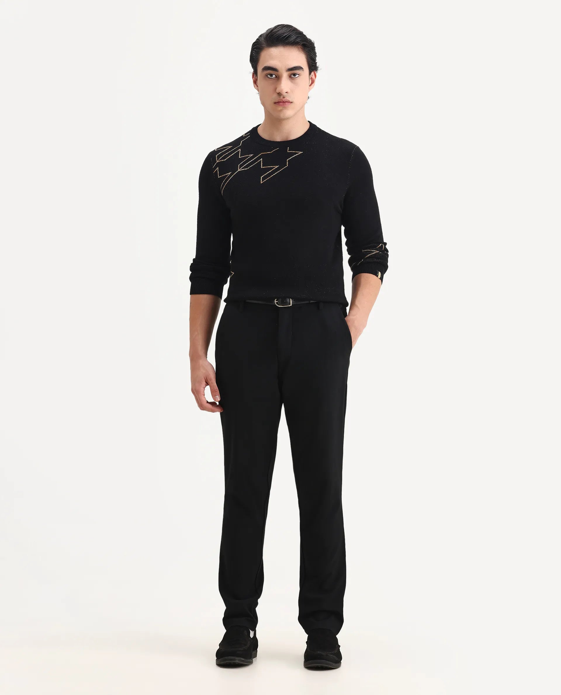 Rare Rabbit Men's Baset Black Polyester Jacquard Regular Fit Full Sleeve Crew Neck Sweater