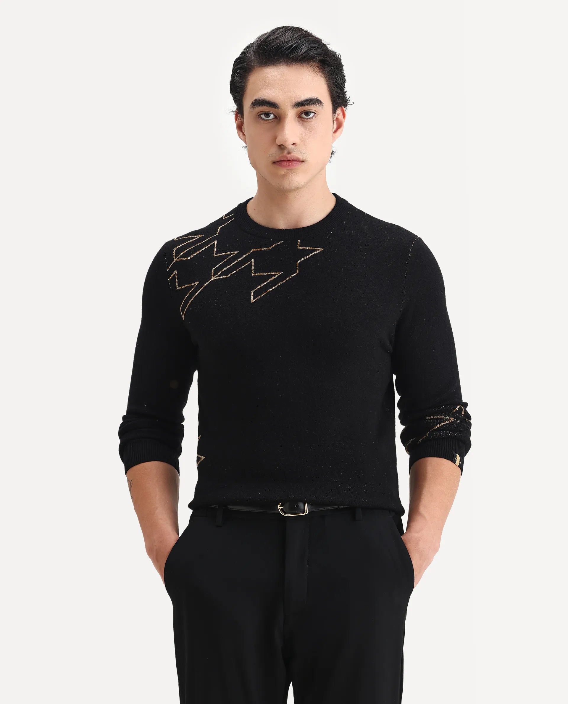 Rare Rabbit Men's Baset Black Polyester Jacquard Regular Fit Full Sleeve Crew Neck Sweater