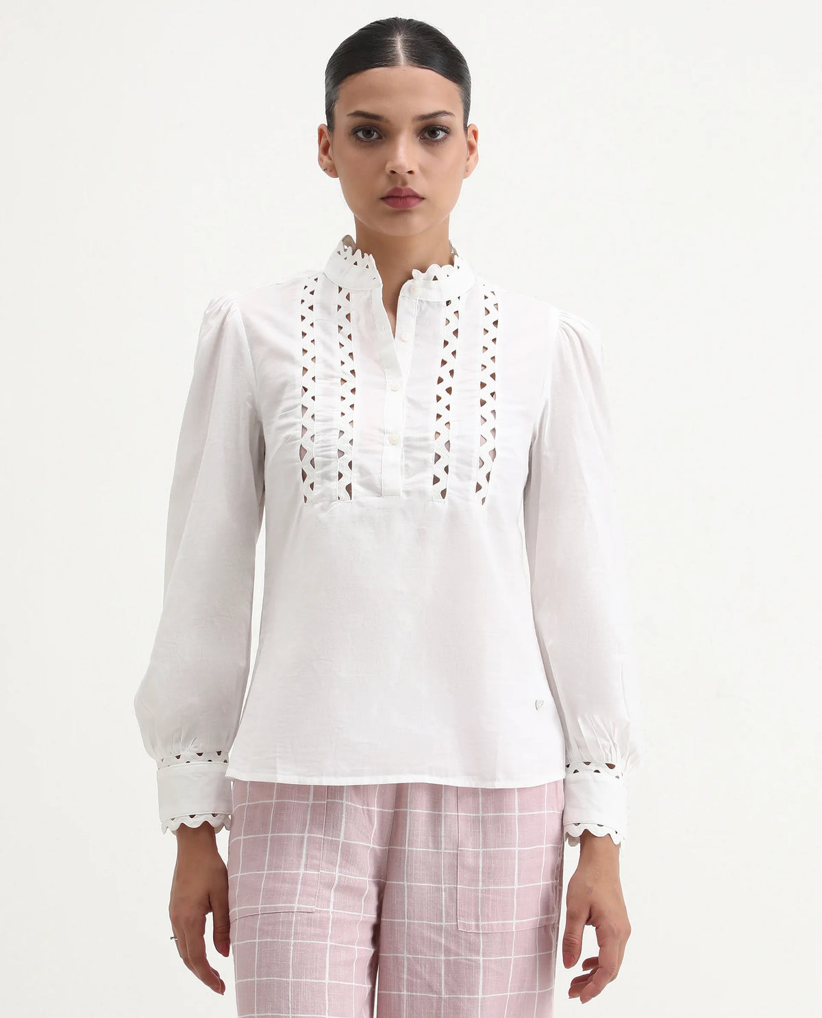 Rareism Women's Basil Off White Cotton Mandarin Collar Plain Cuffed Sleeve Regular Fit Top